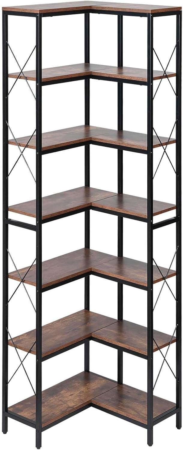 image:imageVEVOR 7 Tier Corner Bookshelf 79 Tall Corner Bookcase with Heavy Duty Metal Frame amp Wooden Shelves Industrial Reversible L Shaped Corner Display Shelf for Bedroom Living Room Office7 Tier