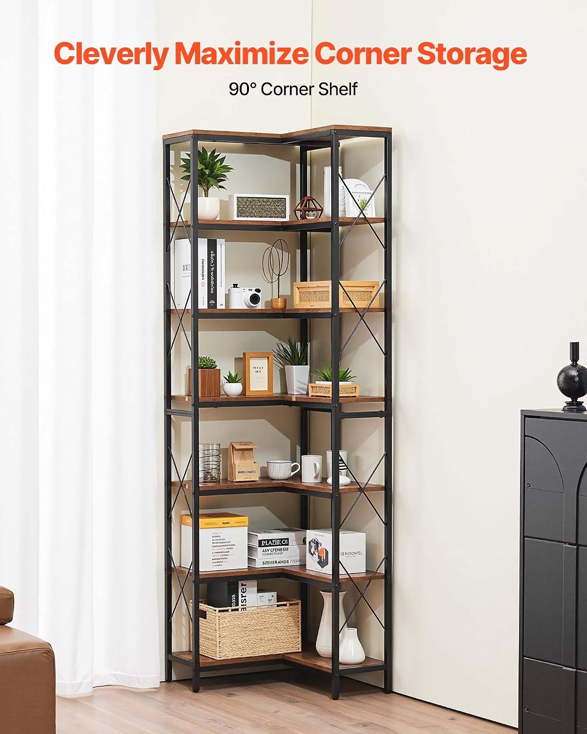 image:imageVEVOR 7 Tier Corner Bookshelf 79 Tall Corner Bookcase with Heavy Duty Metal Frame amp Wooden Shelves Industrial Reversible L Shaped Corner Display Shelf for Bedroom Living Room Office7 Tier