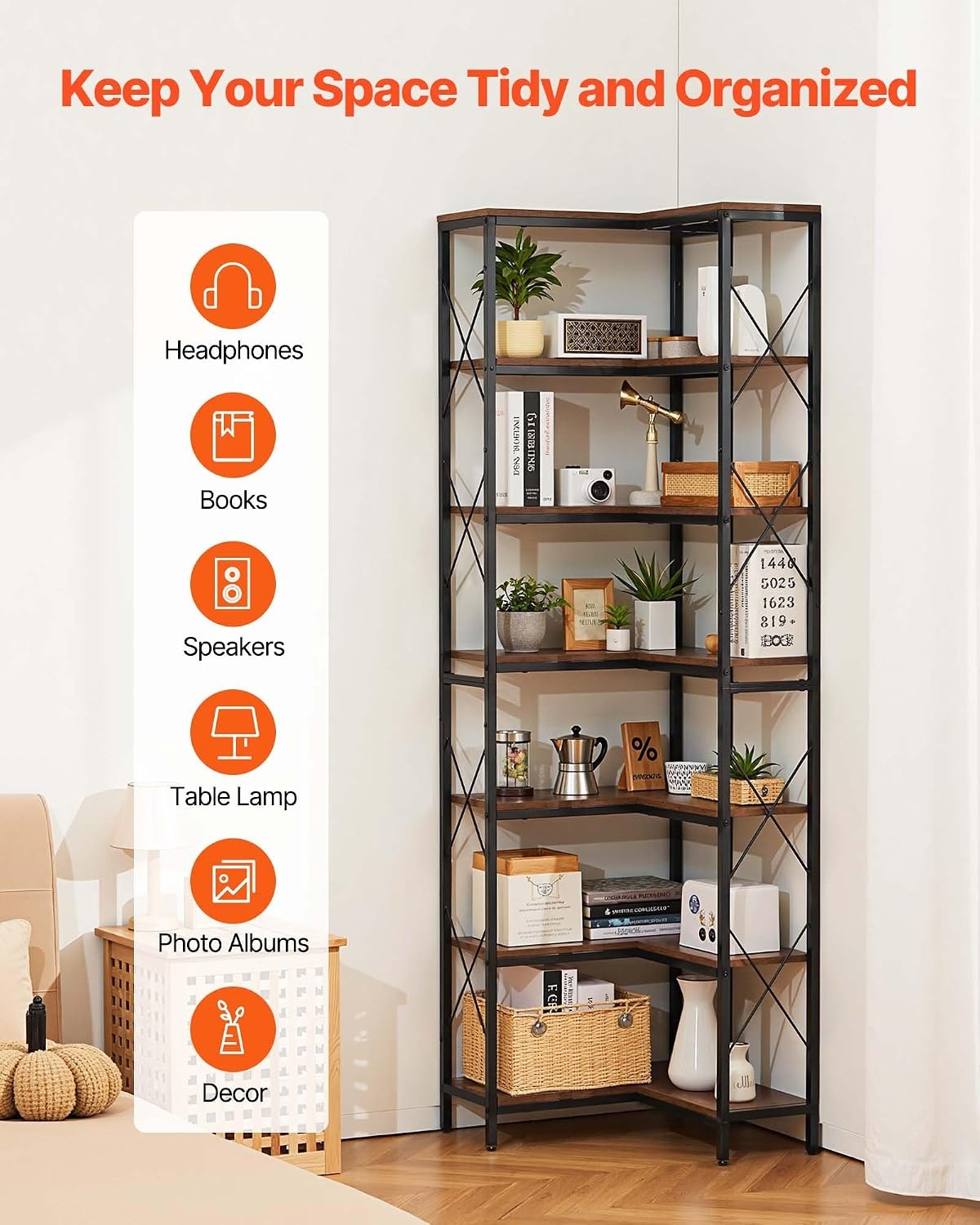 image:imageVEVOR 7 Tier Corner Bookshelf 79 Tall Corner Bookcase with Heavy Duty Metal Frame amp Wooden Shelves Industrial Reversible L Shaped Corner Display Shelf for Bedroom Living Room Office7 Tier