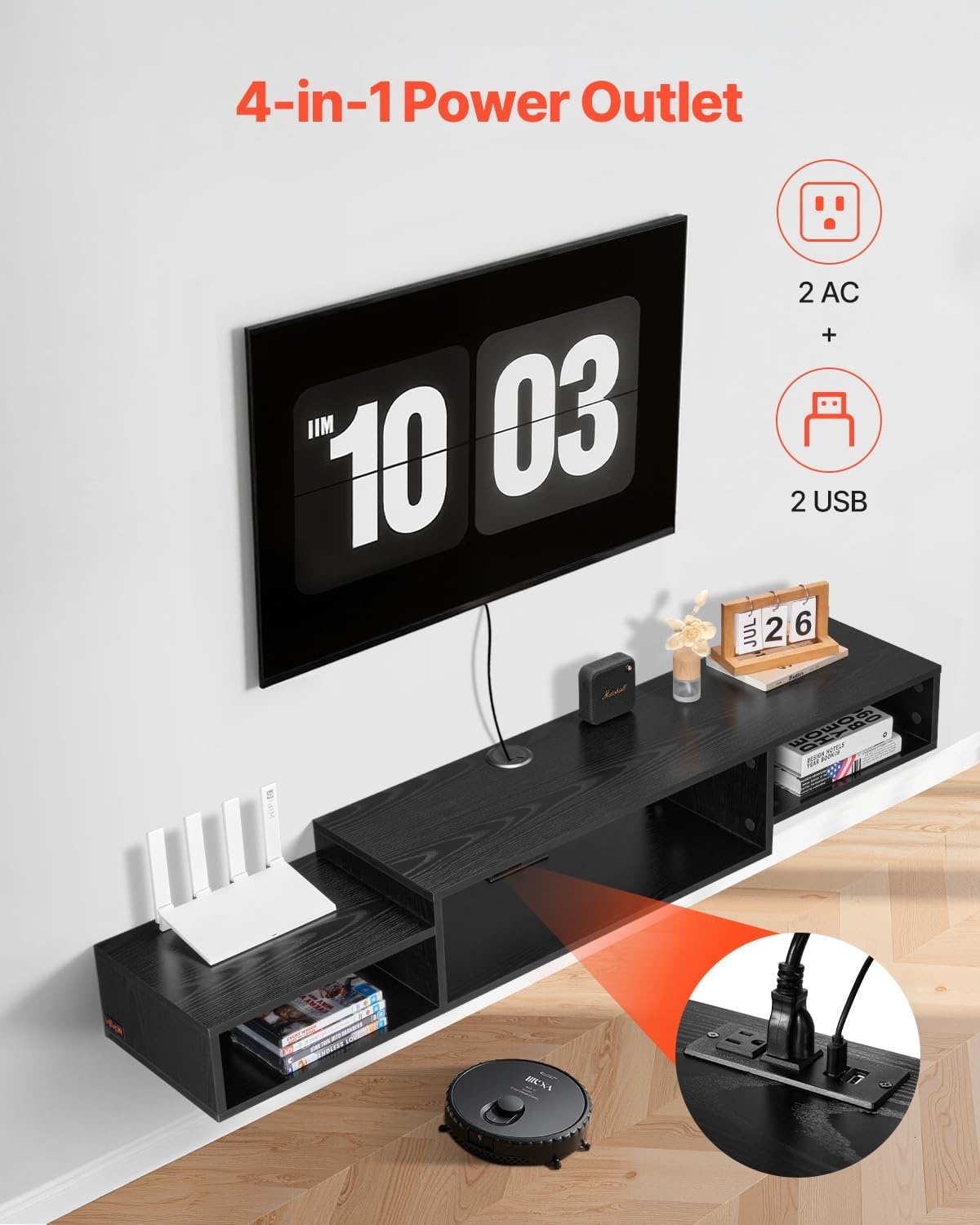 image:imageVEVOR 71 Floating TV Stand with Power amp USB Outlet Wall Mounted TV Console Entertainment Center Modern Floating Under TV Shelf with Storage for Audio Video Cable Box Game Console Rustic BrownBlack