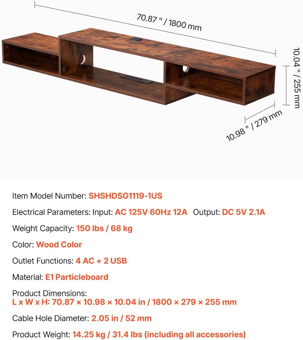 image:imageVEVOR 71 Floating TV Stand with Power amp USB Outlet Wall Mounted TV Console Entertainment Center Modern Floating Under TV Shelf with Storage for Audio Video Cable Box Game Console Rustic BrownRustic Brown
