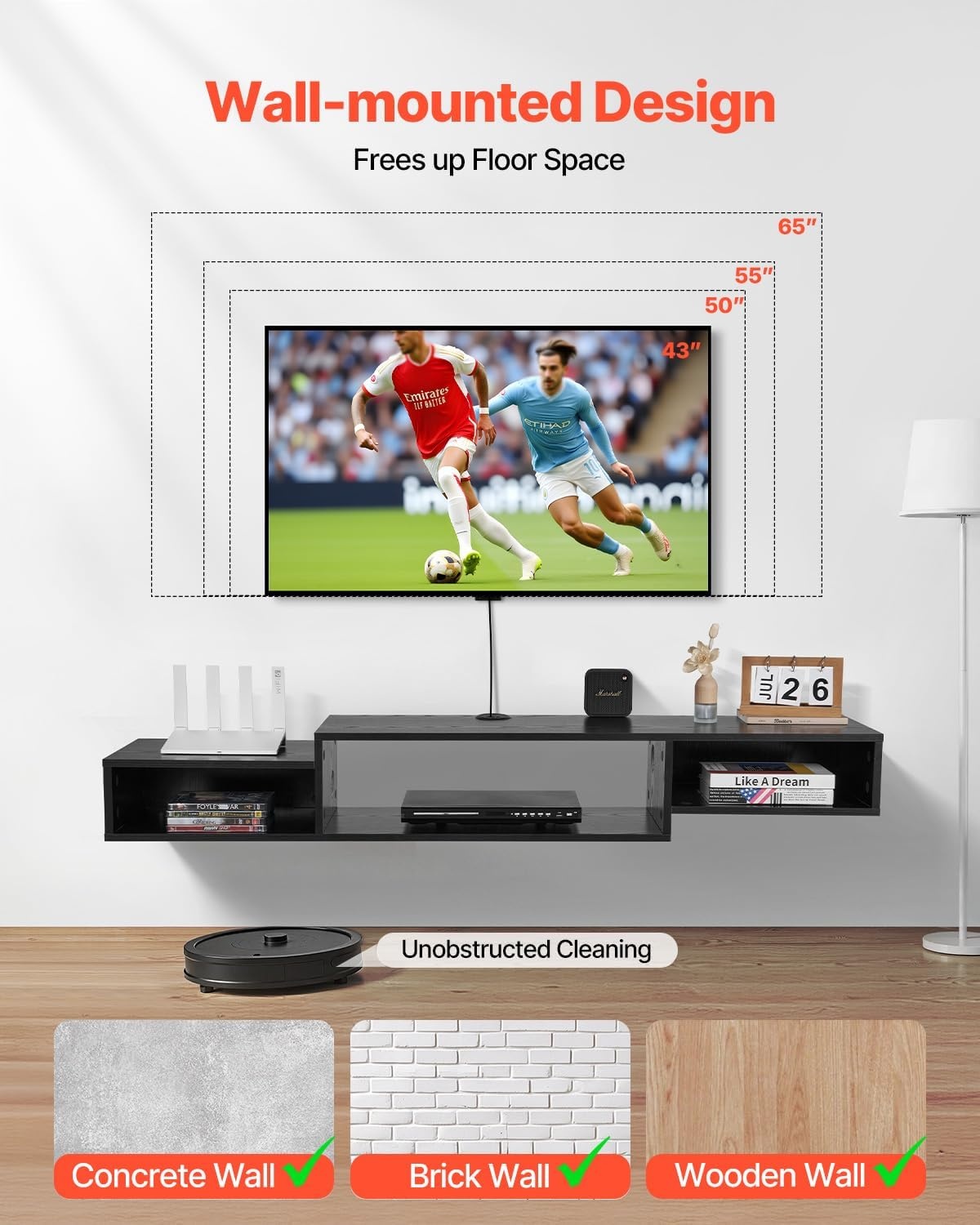 image:imageVEVOR 71 Floating TV Stand with Power amp USB Outlet Wall Mounted TV Console Entertainment Center Modern Floating Under TV Shelf with Storage for Audio Video Cable Box Game Console Rustic BrownBlack