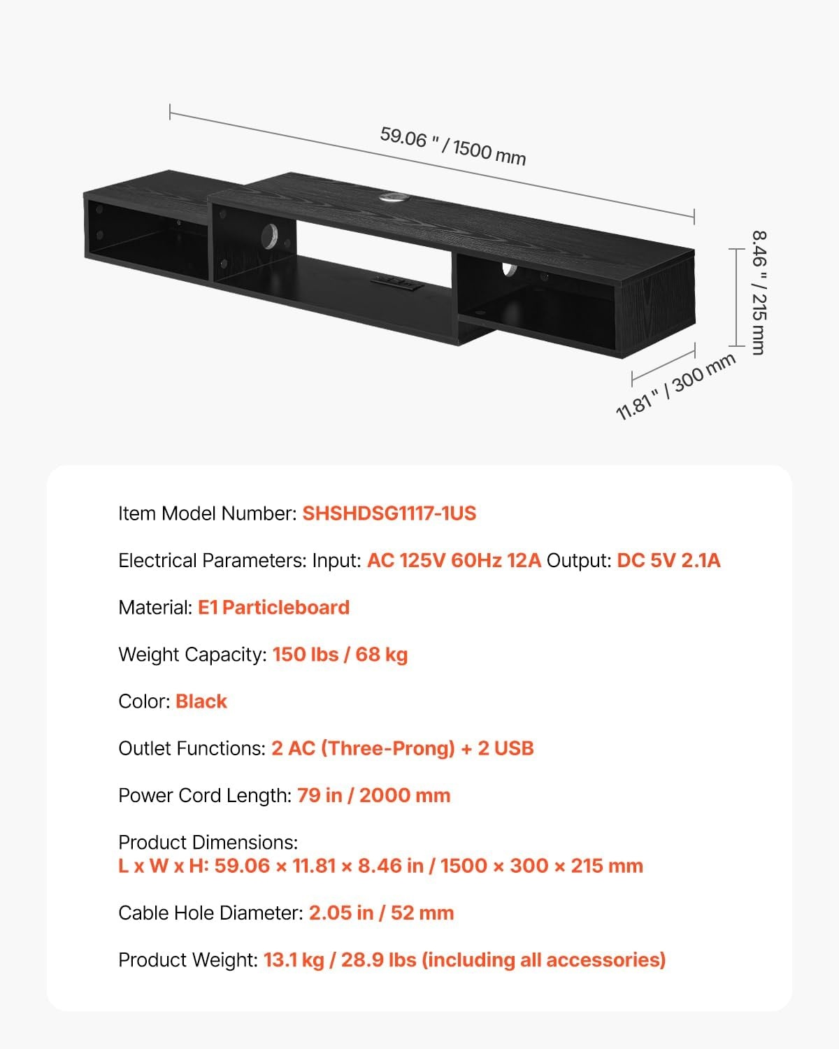 image:imageVEVOR 71 Floating TV Stand with Power amp USB Outlet Wall Mounted TV Console Entertainment Center Modern Floating Under TV Shelf with Storage for Audio Video Cable Box Game Console Rustic BrownBlack