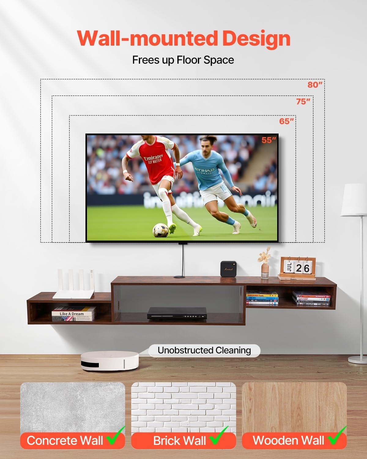 image:imageVEVOR 71 Floating TV Stand with Power amp USB Outlet Wall Mounted TV Console Entertainment Center Modern Floating Under TV Shelf with Storage for Audio Video Cable Box Game Console Rustic BrownRustic Brown