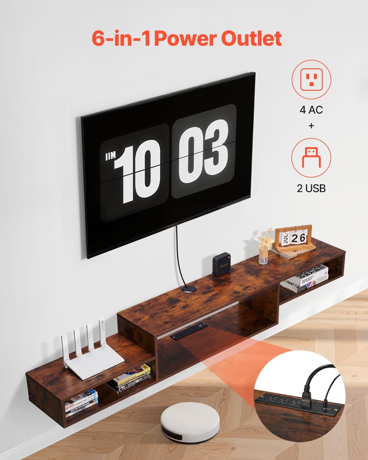 image:imageVEVOR 71 Floating TV Stand with Power amp USB Outlet Wall Mounted TV Console Entertainment Center Modern Floating Under TV Shelf with Storage for Audio Video Cable Box Game Console Rustic BrownRustic Brown