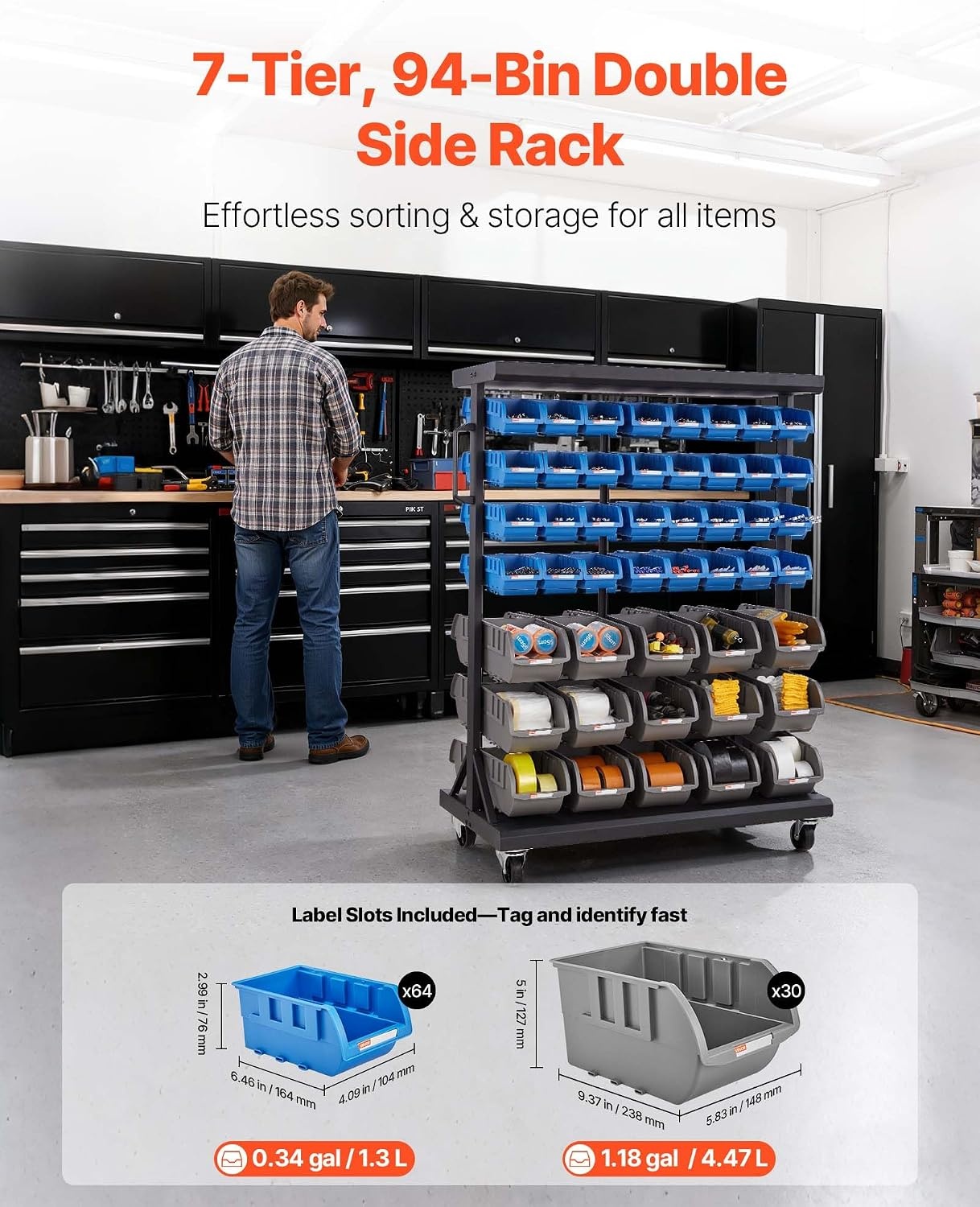 image:imageVEVOR 7Tier Rolling Bin Storage Rack 24 Small Bins Bin Rack Storage Steel Wire Shelving System with Wheels Mobile Tool Organizer for Garage Warehouse Office Restaurant Classroom Kitchen9005001235 mm