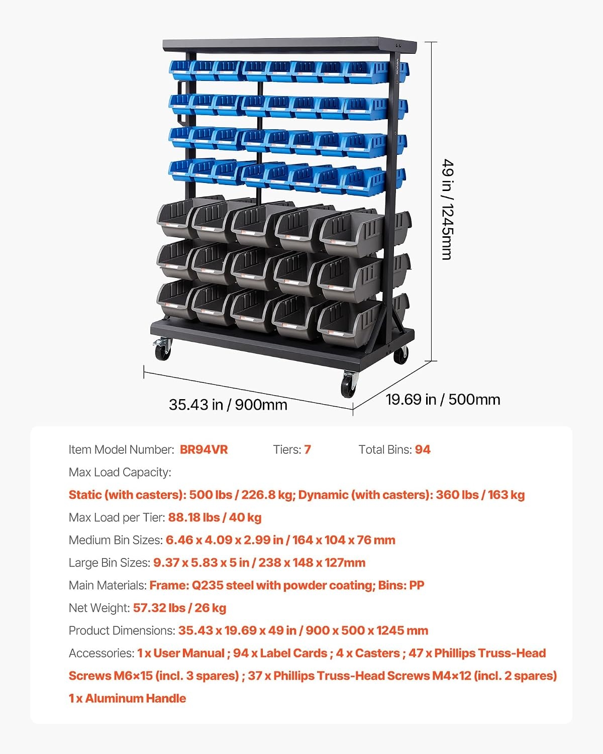 image:imageVEVOR 7Tier Rolling Bin Storage Rack 24 Small Bins Bin Rack Storage Steel Wire Shelving System with Wheels Mobile Tool Organizer for Garage Warehouse Office Restaurant Classroom Kitchen9005001235 mm