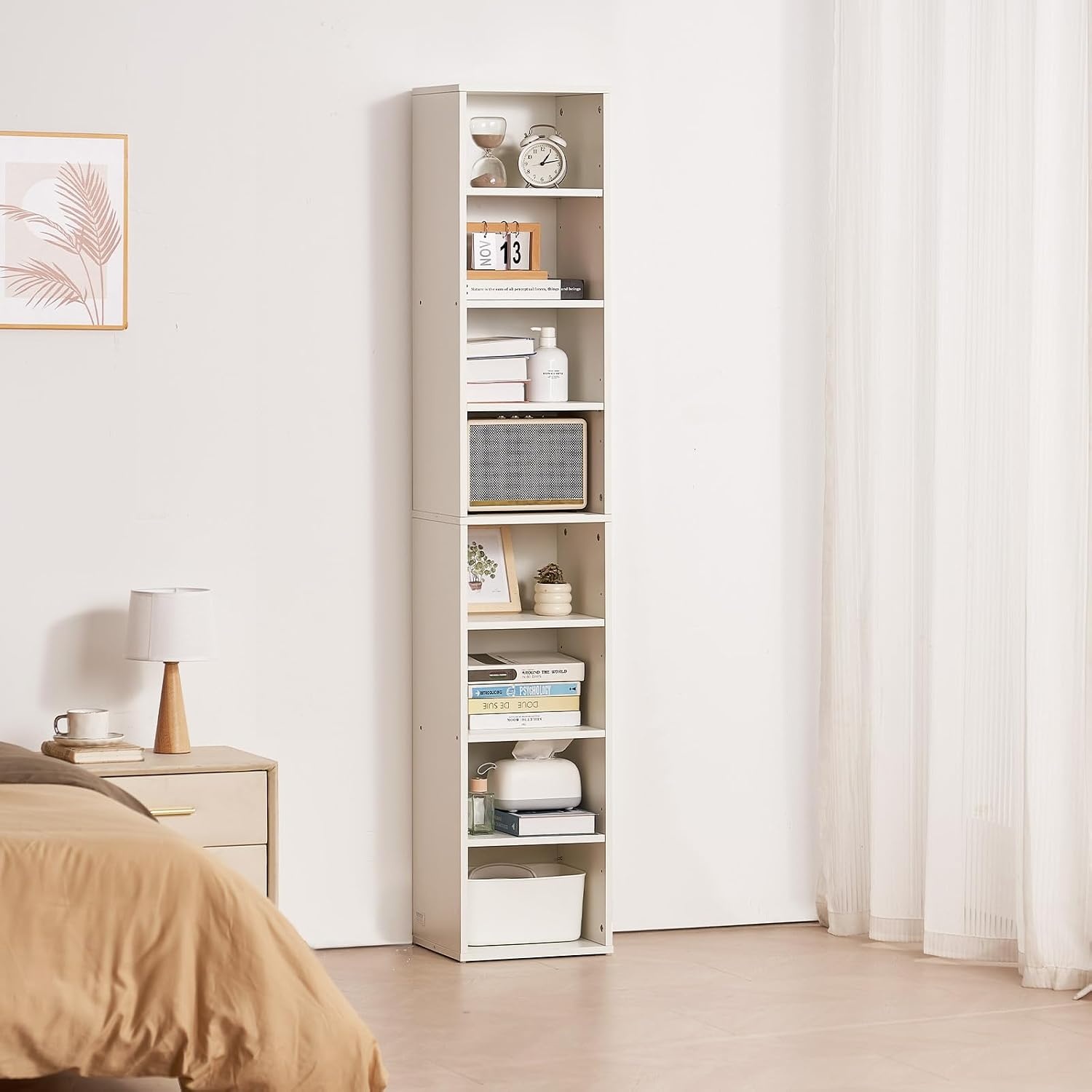 image:imageVEVOR 8 Tiers Narrow Bookshelf 71 in Wooden Tall Open Bookcase with HeightAdjustable Shelf Freestanding Display Storage Floor Bookcase Bookshelf for Library Bedroom Living Room Office White8Tier