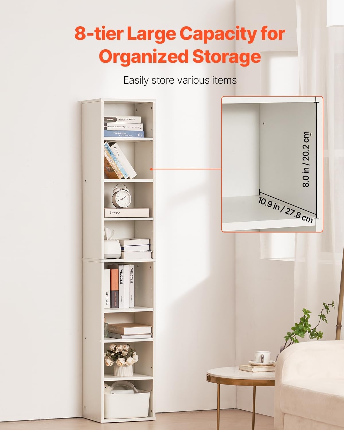 image:imageVEVOR 8 Tiers Narrow Bookshelf 71 in Wooden Tall Open Bookcase with HeightAdjustable Shelf Freestanding Display Storage Floor Bookcase Bookshelf for Library Bedroom Living Room Office White8Tier