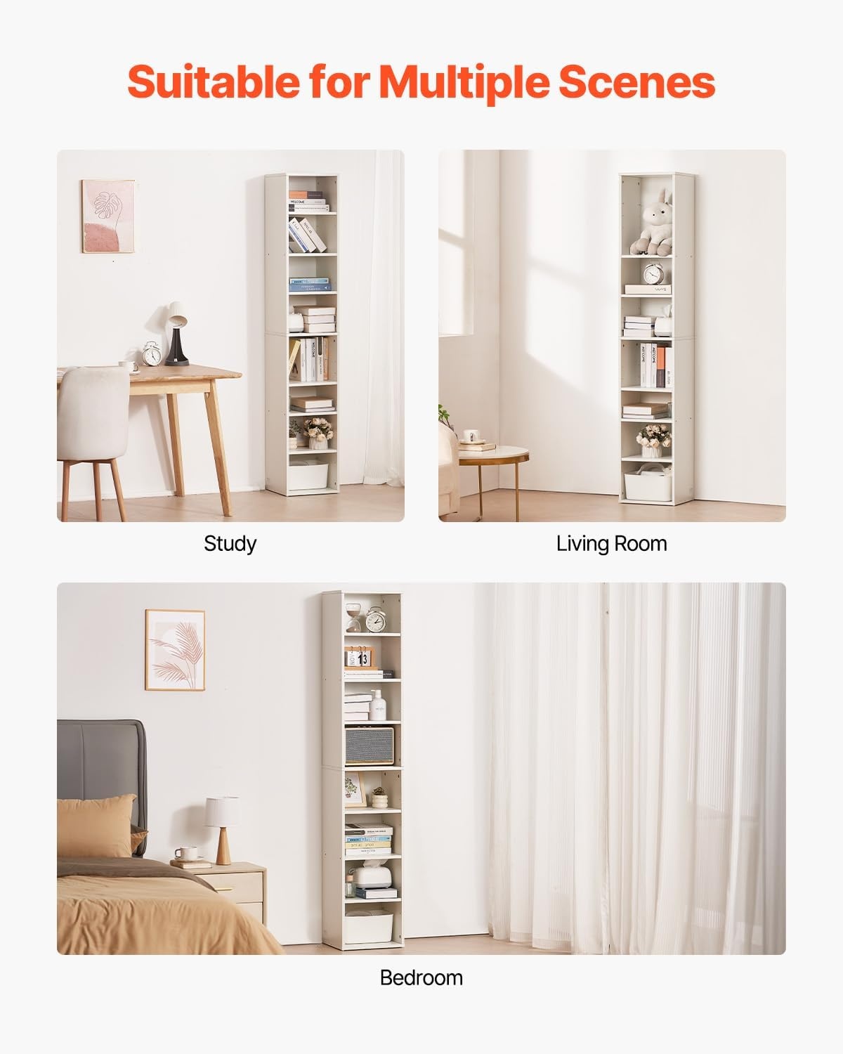 image:imageVEVOR 8 Tiers Narrow Bookshelf 71 in Wooden Tall Open Bookcase with HeightAdjustable Shelf Freestanding Display Storage Floor Bookcase Bookshelf for Library Bedroom Living Room Office White8Tier