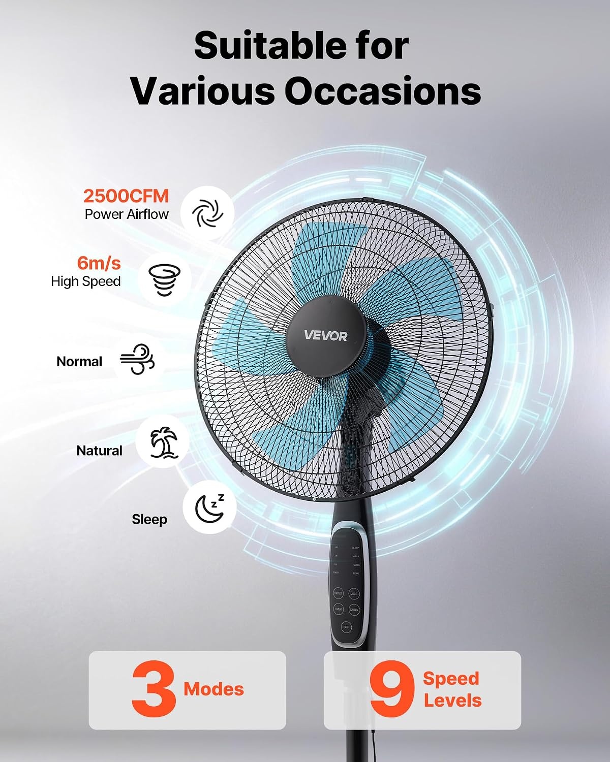 image:imageVEVOR 9Inch Pedestal Fan 80 Oscillating Standing Floor Fan with Quite DC Motor Remote Control 9 Speeds amp 4 Smart Modes 24H Timer Adjustable Height for Home Bedroom Living Room WhiteBlack