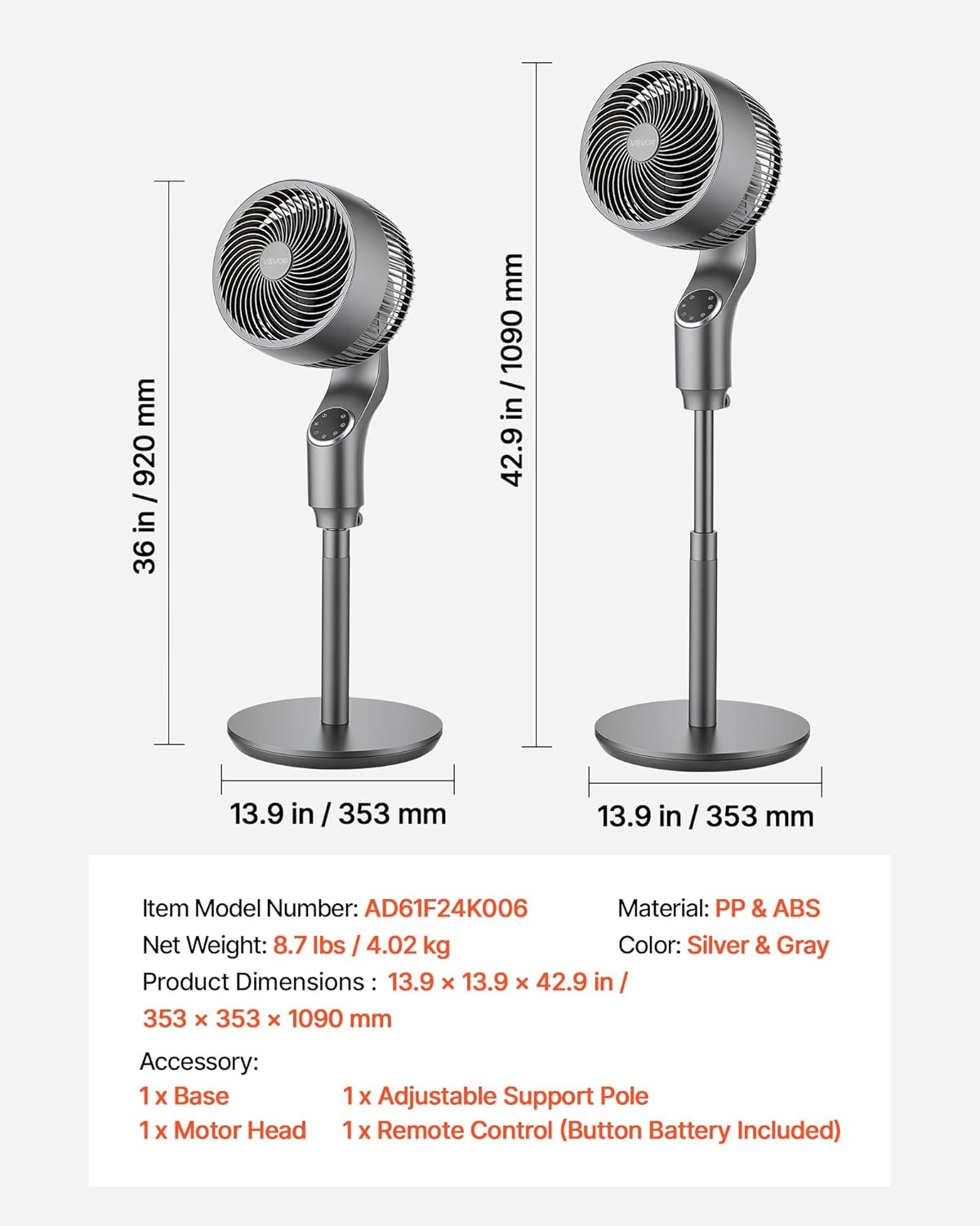 image:imageVEVOR 9Inch Pedestal Fan 80 Oscillating Standing Floor Fan with Quite DC Motor Remote Control 9 Speeds amp 4 Smart Modes 24H Timer Adjustable Height for Home Bedroom Living Room WhiteSilver Gray