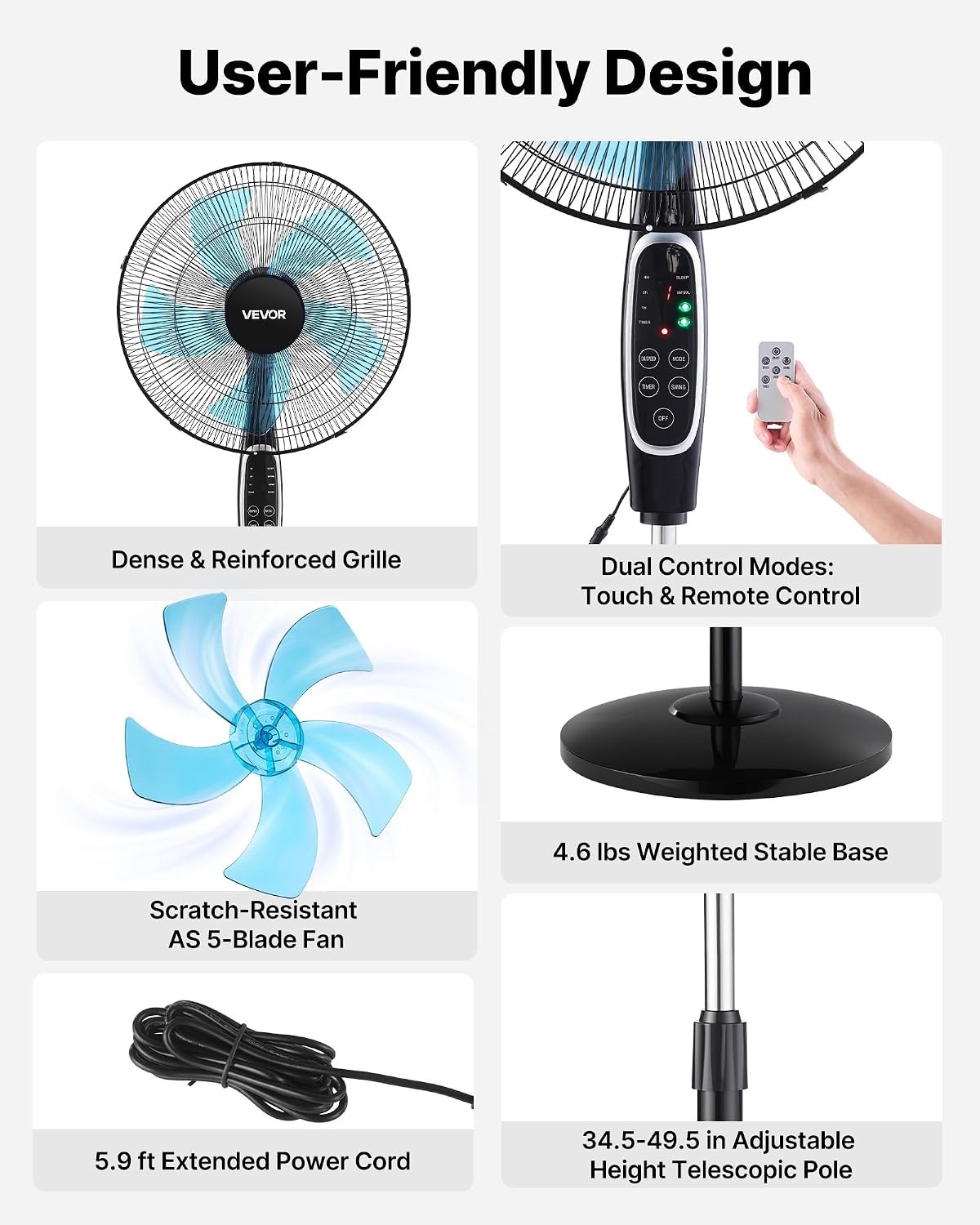 image:imageVEVOR 9Inch Pedestal Fan 80 Oscillating Standing Floor Fan with Quite DC Motor Remote Control 9 Speeds amp 4 Smart Modes 24H Timer Adjustable Height for Home Bedroom Living Room WhiteBlack
