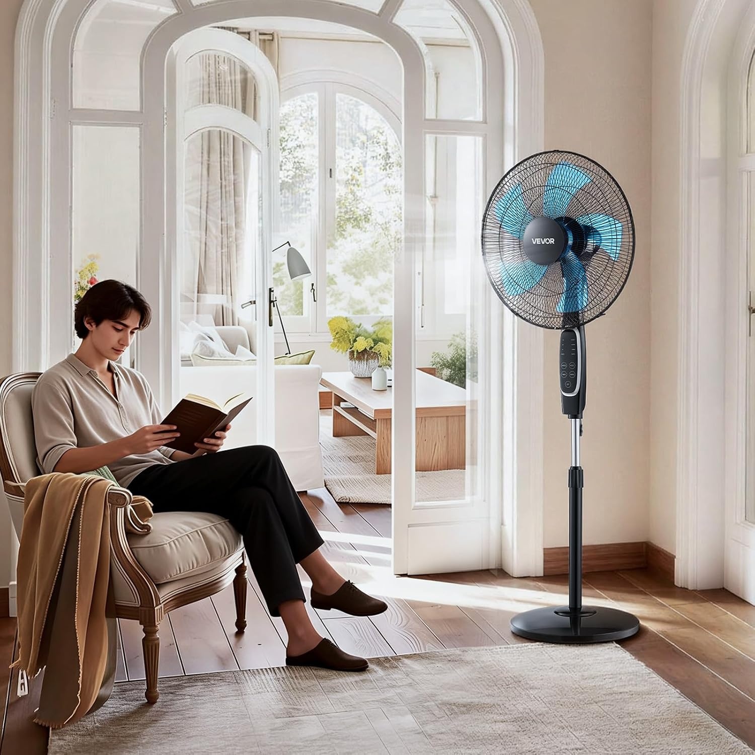 image:imageVEVOR 9Inch Pedestal Fan 80 Oscillating Standing Floor Fan with Quite DC Motor Remote Control 9 Speeds amp 4 Smart Modes 24H Timer Adjustable Height for Home Bedroom Living Room WhiteBlack