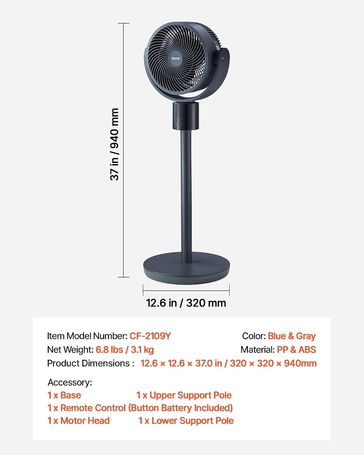 image:imageVEVOR 9Inch Pedestal Fan 80 Oscillating Standing Floor Fan with Quite DC Motor Remote Control 9 Speeds amp 4 Smart Modes 24H Timer Adjustable Height for Home Bedroom Living Room WhiteBlue Gray