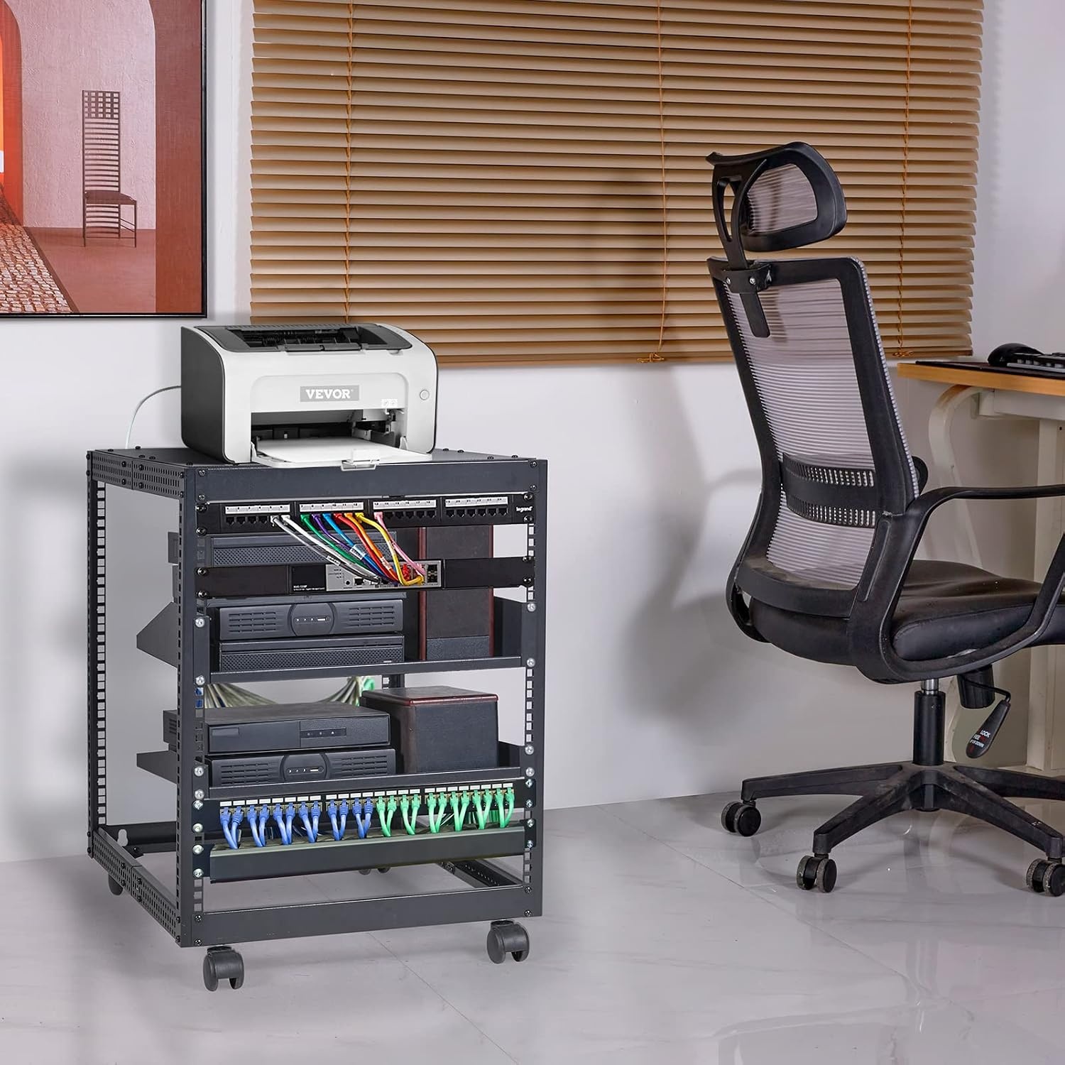 image:imageVEVOR 9U Open Frame Server Rack 2340 Adjustable Depth Free Standing or Wall Mount Network Server Rack 4 Post AV Rack with Casters Holds All Your Networking IT Equipment AV Gear Router Modem12U