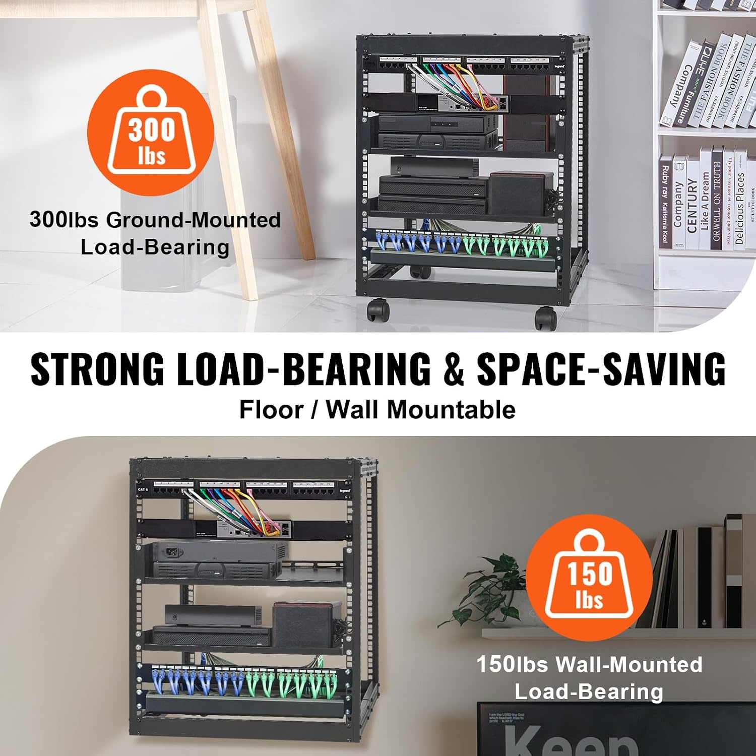 image:imageVEVOR 9U Open Frame Server Rack 2340 Adjustable Depth Free Standing or Wall Mount Network Server Rack 4 Post AV Rack with Casters Holds All Your Networking IT Equipment AV Gear Router Modem12U