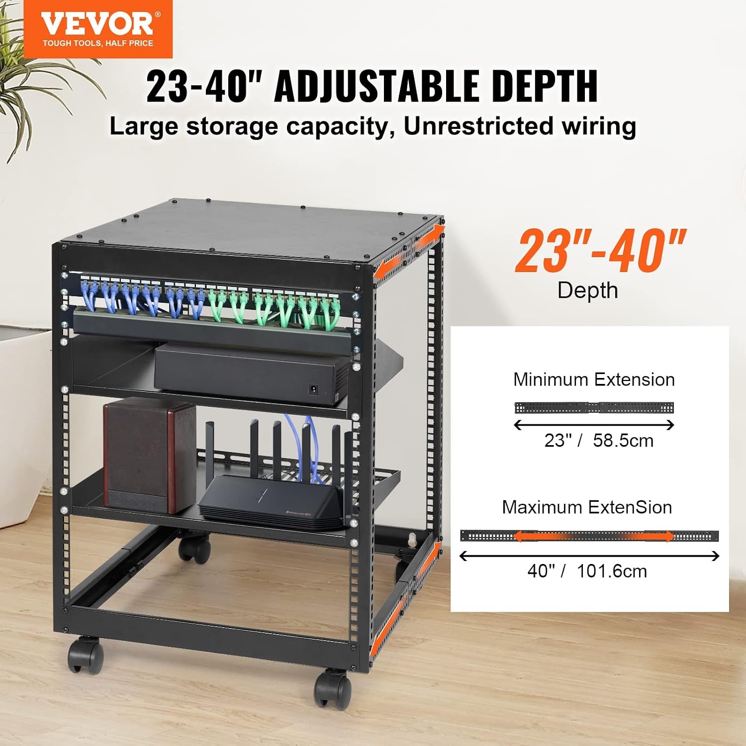 image:imageVEVOR 9U Open Frame Server Rack 2340 Adjustable Depth Free Standing or Wall Mount Network Server Rack 4 Post AV Rack with Casters Holds All Your Networking IT Equipment AV Gear Router Modem12U