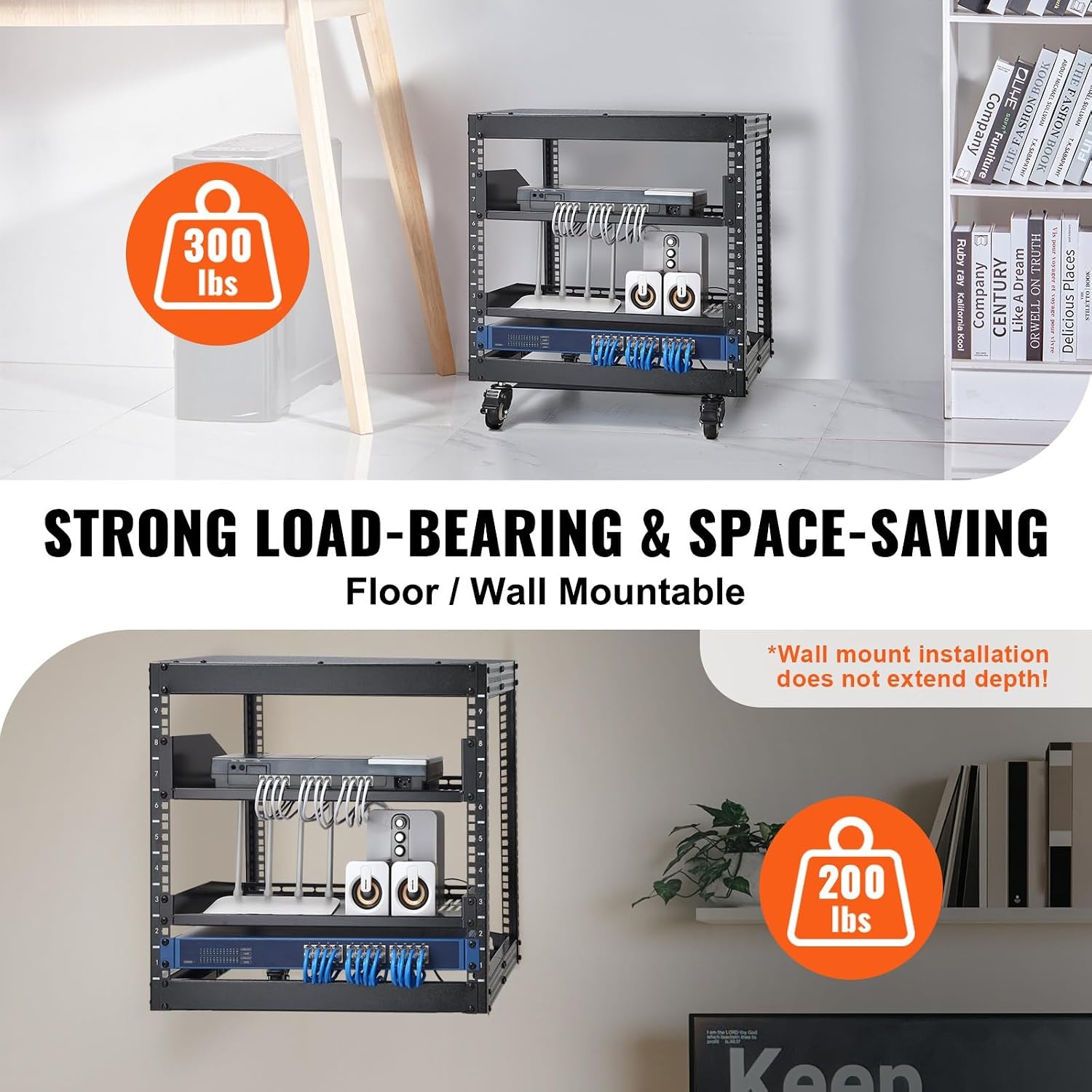 image:imageVEVOR 9U Open Frame Server Rack 2340 Adjustable Depth Free Standing or Wall Mount Network Server Rack 4 Post AV Rack with Casters Holds All Your Networking IT Equipment AV Gear Router Modem9U