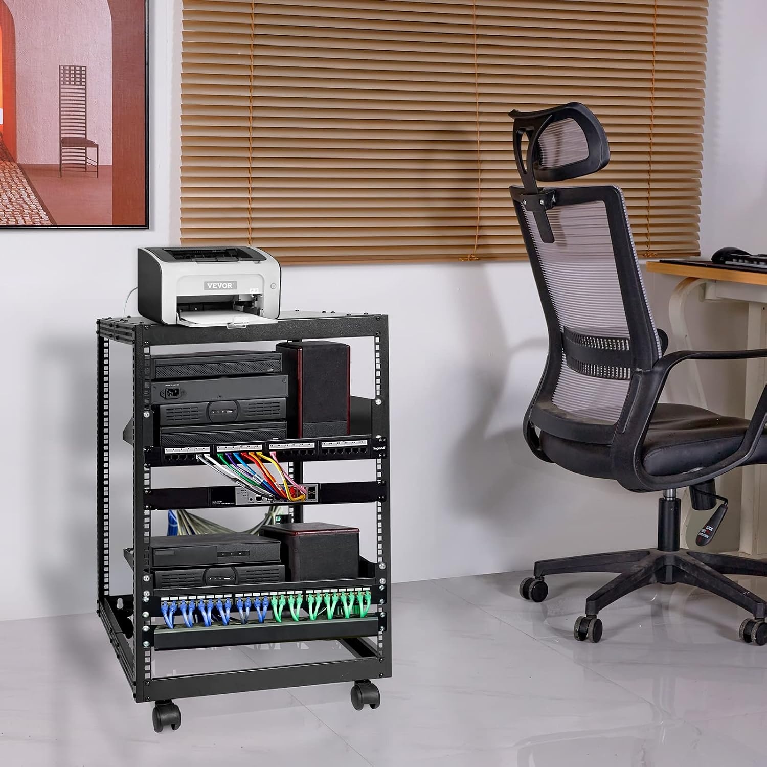 image:imageVEVOR 9U Open Frame Server Rack 2340 Adjustable Depth Free Standing or Wall Mount Network Server Rack 4 Post AV Rack with Casters Holds All Your Networking IT Equipment AV Gear Router Modem15U