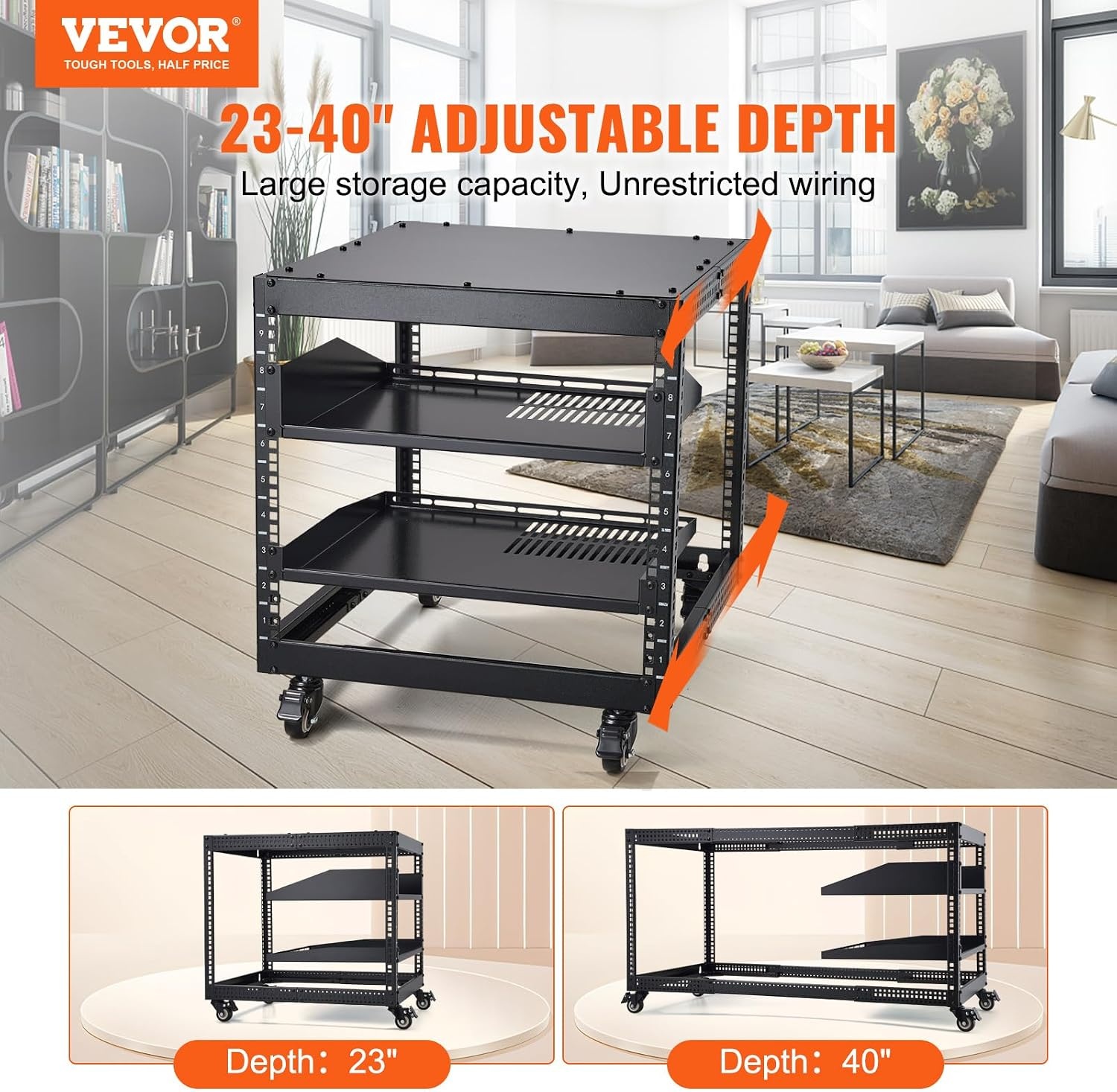 image:imageVEVOR 9U Open Frame Server Rack 2340 Adjustable Depth Free Standing or Wall Mount Network Server Rack 4 Post AV Rack with Casters Holds All Your Networking IT Equipment AV Gear Router Modem9U