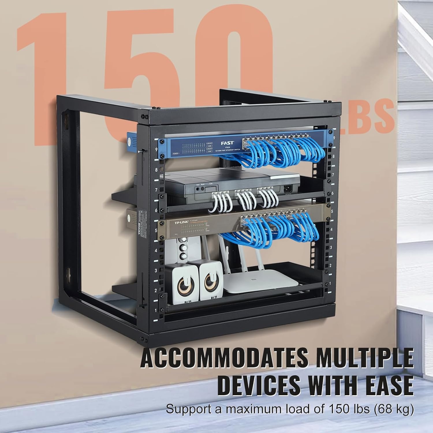 image:imageVEVOR 9U Open Frame Server Rack 2340 Adjustable Depth Free Standing or Wall Mount Network Server Rack 4 Post AV Rack with Casters Holds All Your Networking IT Equipment AV Gear Router Modem9U1
