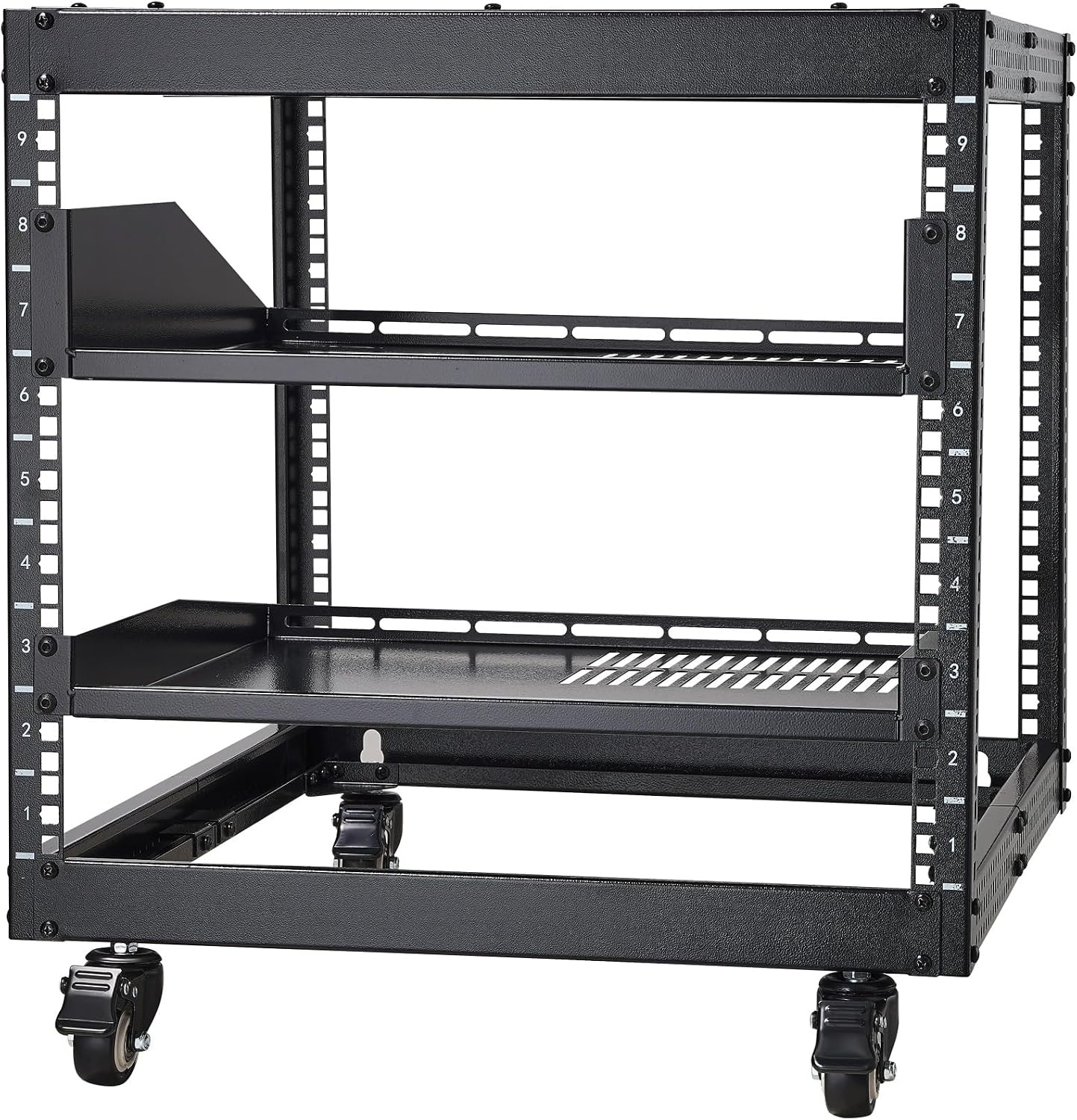 image:imageVEVOR 9U Open Frame Server Rack 2340 Adjustable Depth Free Standing or Wall Mount Network Server Rack 4 Post AV Rack with Casters Holds All Your Networking IT Equipment AV Gear Router Modem9U