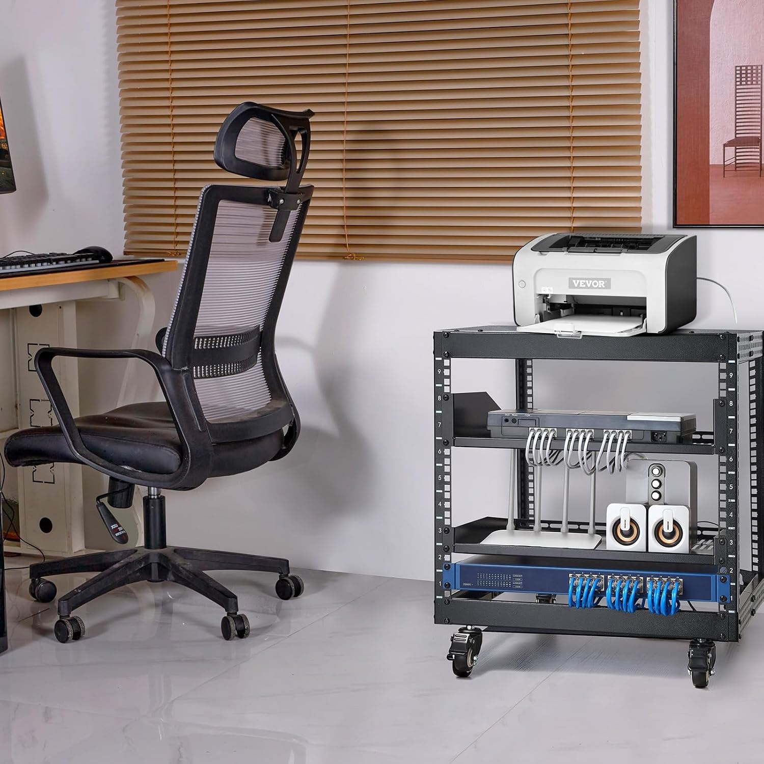 image:imageVEVOR 9U Open Frame Server Rack 2340 Adjustable Depth Free Standing or Wall Mount Network Server Rack 4 Post AV Rack with Casters Holds All Your Networking IT Equipment AV Gear Router Modem9U