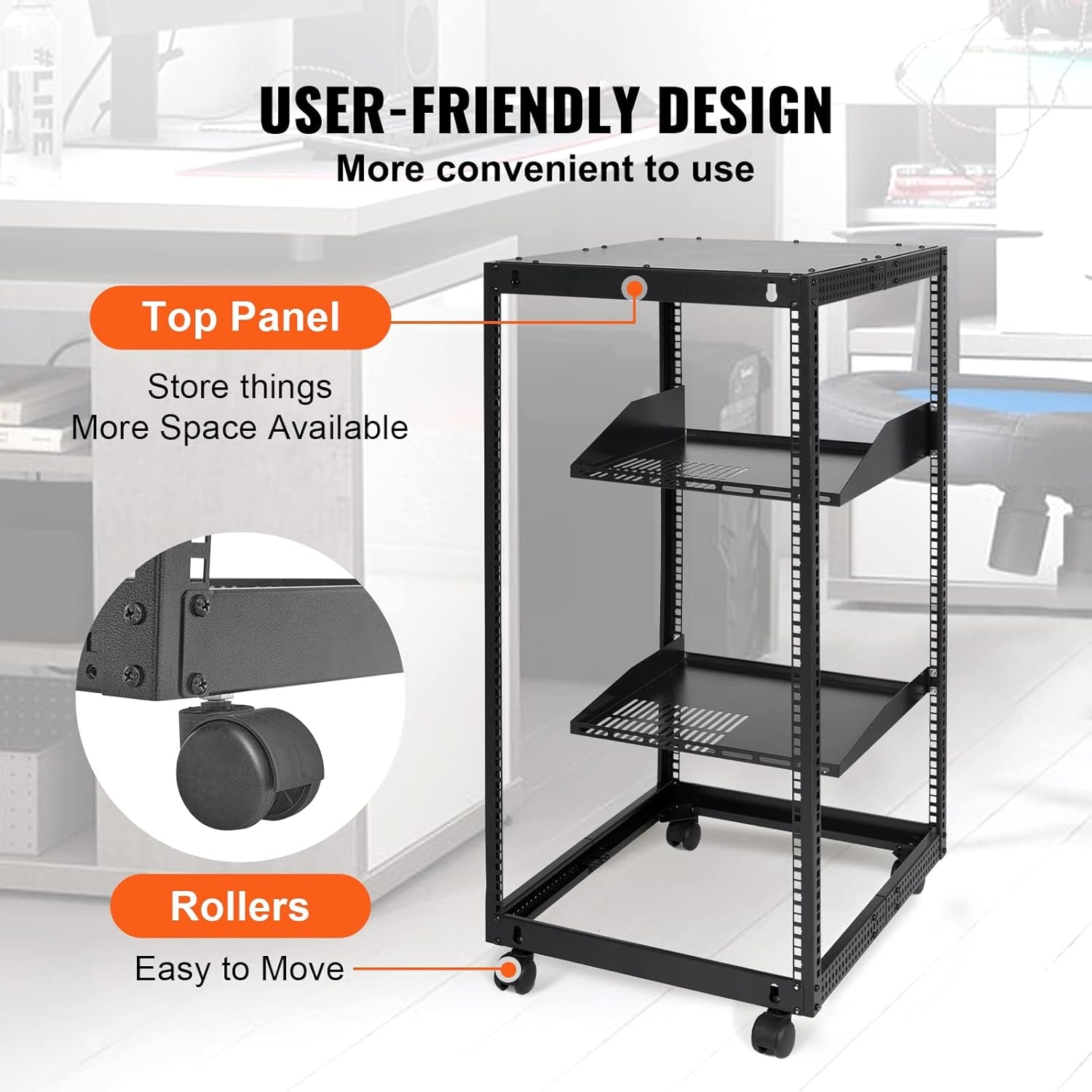 image:imageVEVOR 9U Open Frame Server Rack 2340 Adjustable Depth Free Standing or Wall Mount Network Server Rack 4 Post AV Rack with Casters Holds All Your Networking IT Equipment AV Gear Router Modem20U