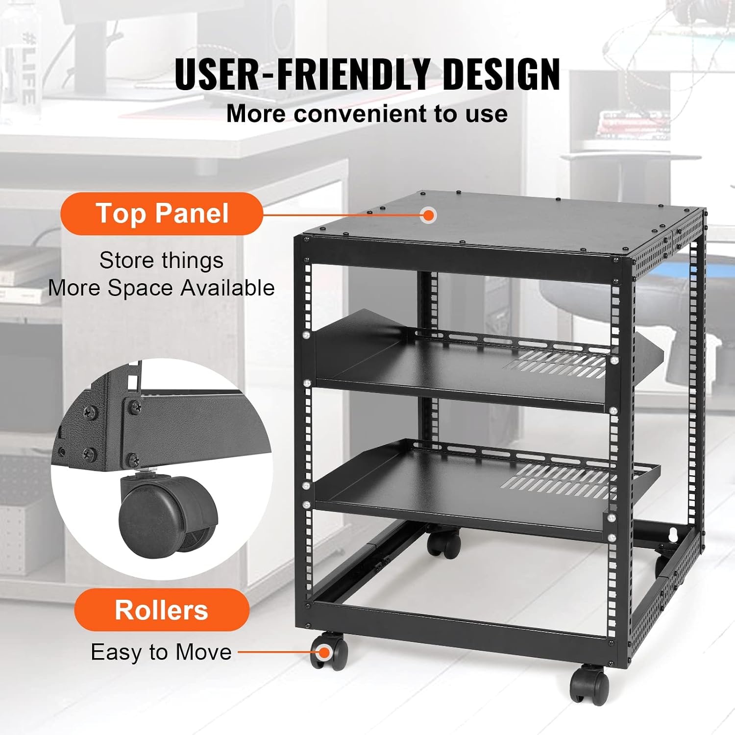 image:imageVEVOR 9U Open Frame Server Rack 2340 Adjustable Depth Free Standing or Wall Mount Network Server Rack 4 Post AV Rack with Casters Holds All Your Networking IT Equipment AV Gear Router Modem12U