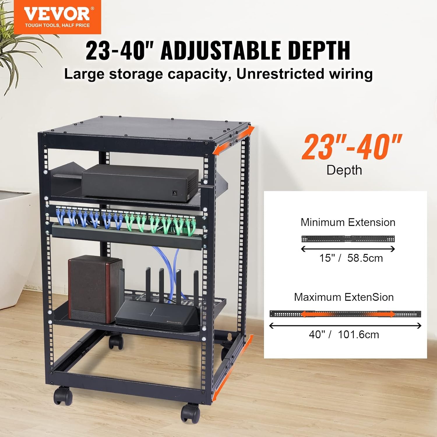 image:imageVEVOR 9U Open Frame Server Rack 2340 Adjustable Depth Free Standing or Wall Mount Network Server Rack 4 Post AV Rack with Casters Holds All Your Networking IT Equipment AV Gear Router Modem15U