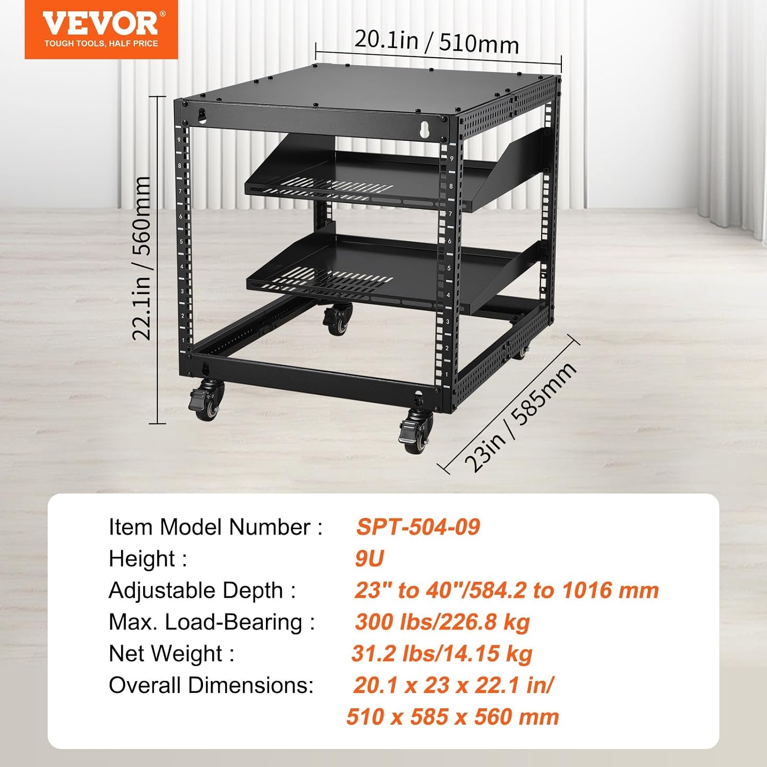 image:imageVEVOR 9U Open Frame Server Rack 2340 Adjustable Depth Free Standing or Wall Mount Network Server Rack 4 Post AV Rack with Casters Holds All Your Networking IT Equipment AV Gear Router Modem9U