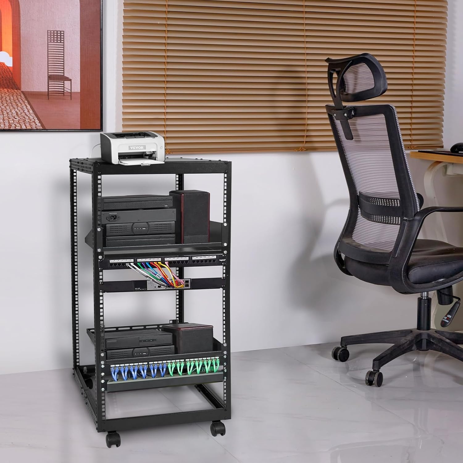 image:imageVEVOR 9U Open Frame Server Rack 2340 Adjustable Depth Free Standing or Wall Mount Network Server Rack 4 Post AV Rack with Casters Holds All Your Networking IT Equipment AV Gear Router Modem20U