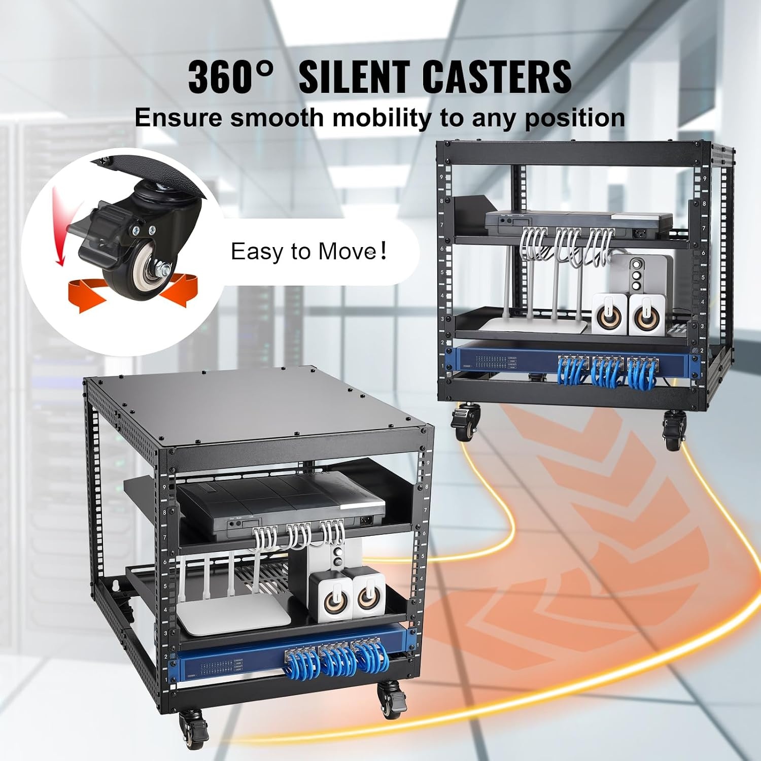 image:imageVEVOR 9U Open Frame Server Rack 2340 Adjustable Depth Free Standing or Wall Mount Network Server Rack 4 Post AV Rack with Casters Holds All Your Networking IT Equipment AV Gear Router Modem9U