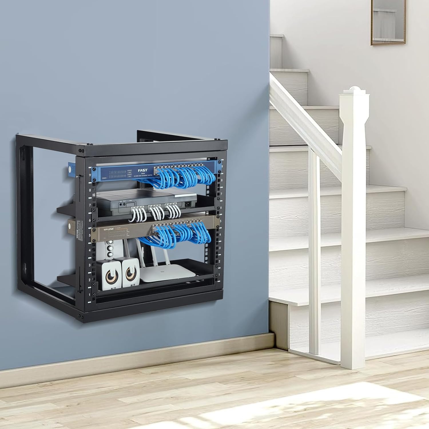 image:imageVEVOR 9U Open Frame Server Rack 2340 Adjustable Depth Free Standing or Wall Mount Network Server Rack 4 Post AV Rack with Casters Holds All Your Networking IT Equipment AV Gear Router Modem9U1