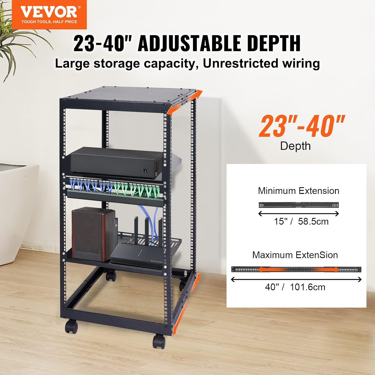 image:imageVEVOR 9U Open Frame Server Rack 2340 Adjustable Depth Free Standing or Wall Mount Network Server Rack 4 Post AV Rack with Casters Holds All Your Networking IT Equipment AV Gear Router Modem20U