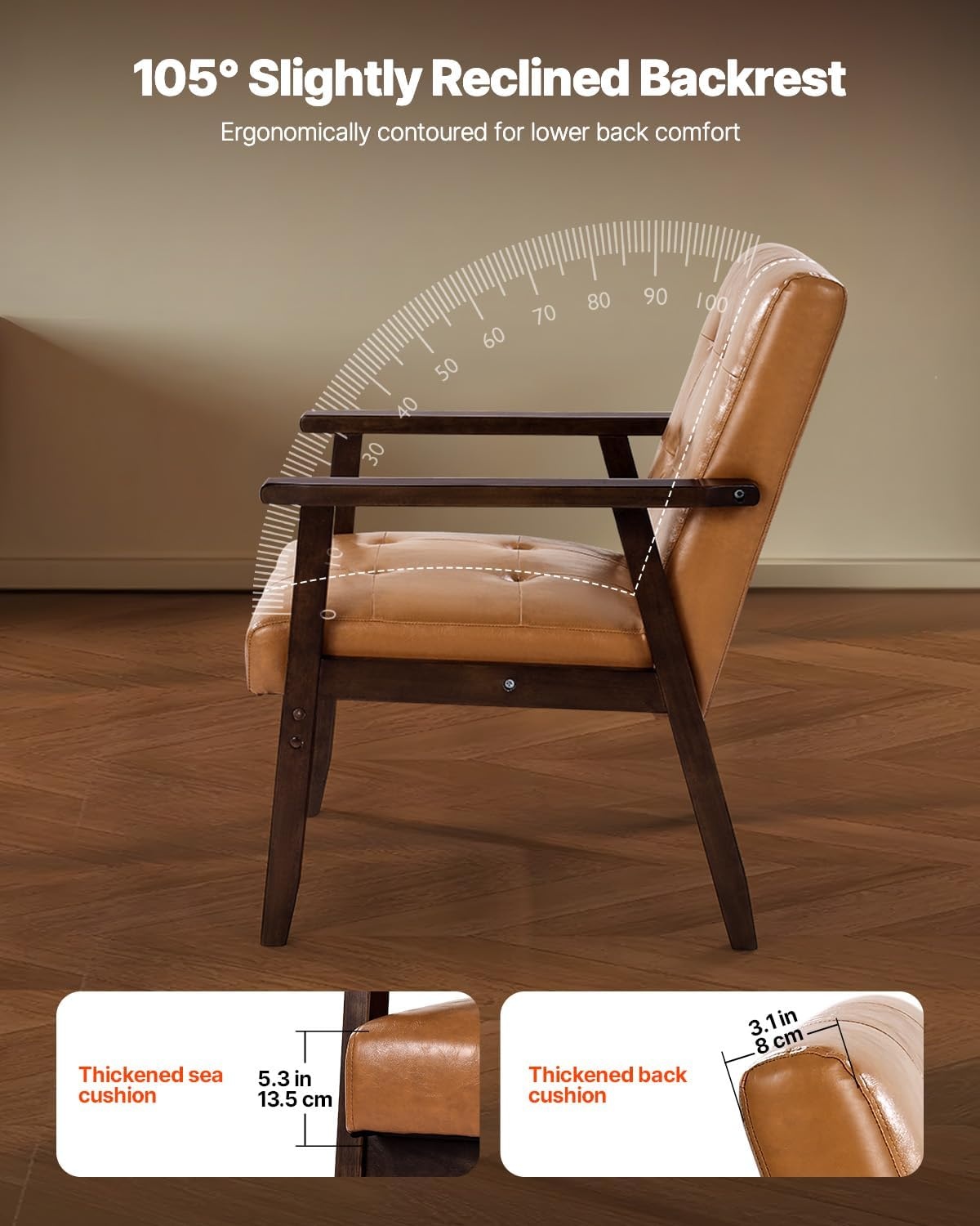 image:imageVEVOR Accent Chair Mid Century Modern Armchair with Solid Wood Frame and NonSlip Legs Upholstered Leisure Chair with PU Leather and Soft Cushion for Living Room Bedroom Office