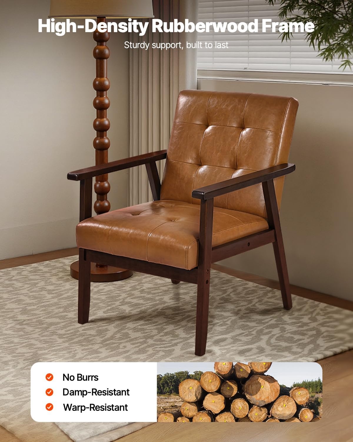 image:imageVEVOR Accent Chair Mid Century Modern Armchair with Solid Wood Frame and NonSlip Legs Upholstered Leisure Chair with PU Leather and Soft Cushion for Living Room Bedroom Office