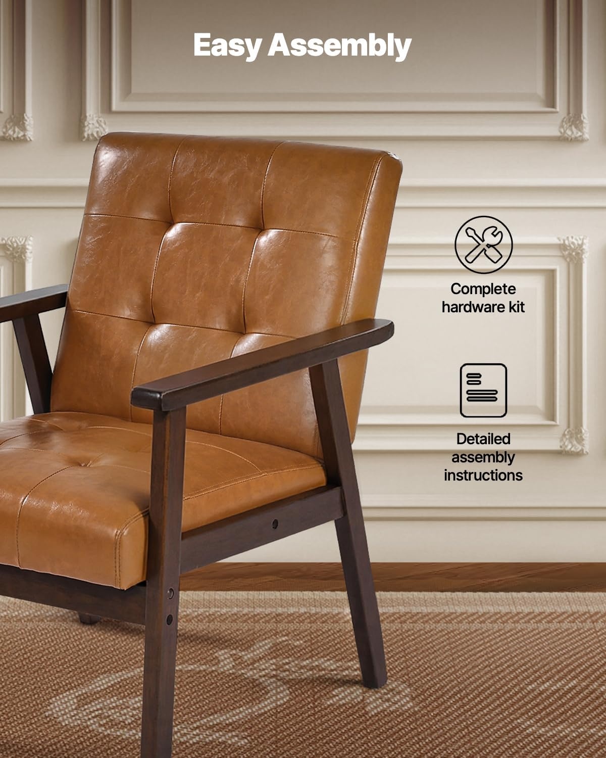 image:imageVEVOR Accent Chair Mid Century Modern Armchair with Solid Wood Frame and NonSlip Legs Upholstered Leisure Chair with PU Leather and Soft Cushion for Living Room Bedroom Office