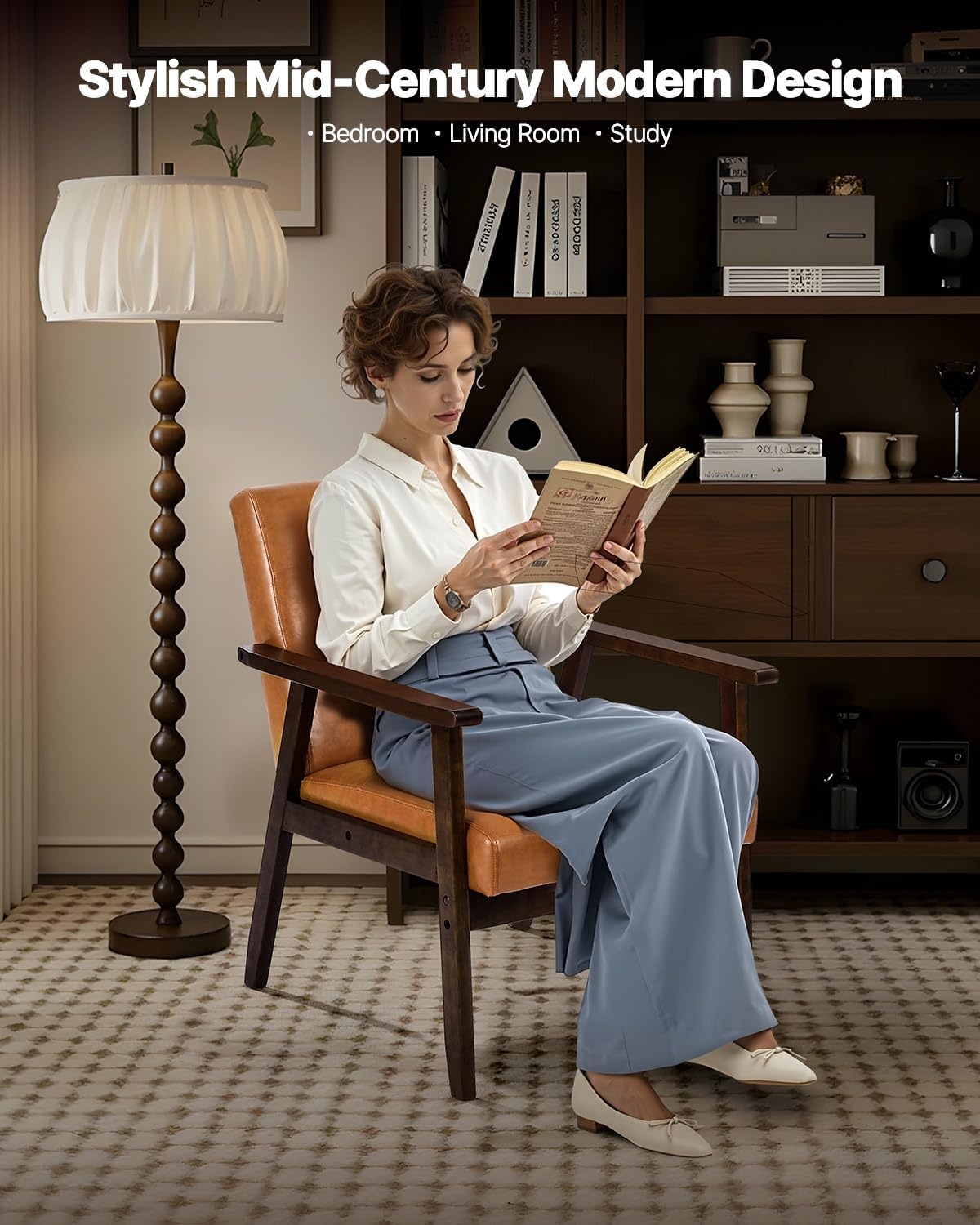 image:imageVEVOR Accent Chair Mid Century Modern Armchair with Solid Wood Frame and NonSlip Legs Upholstered Leisure Chair with PU Leather and Soft Cushion for Living Room Bedroom Office