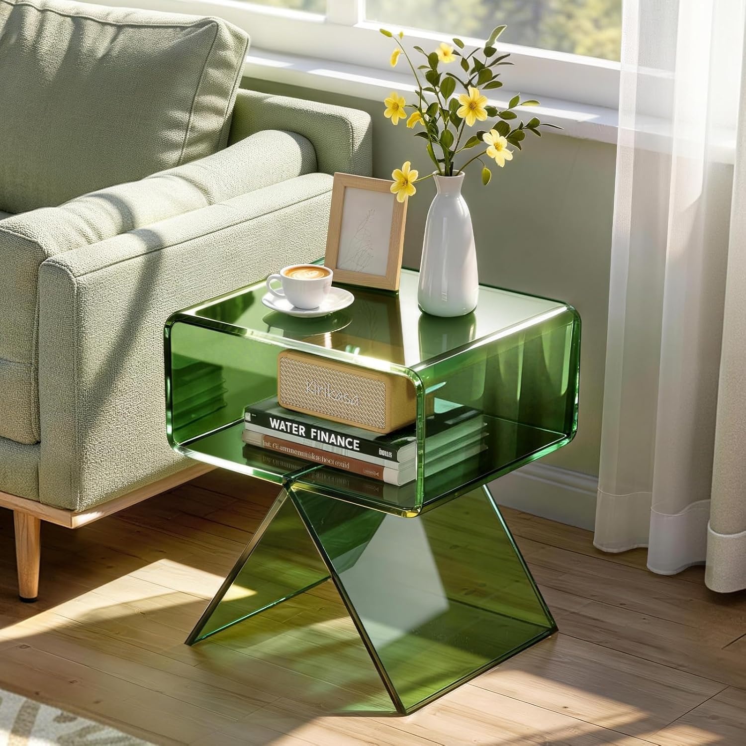 image:imageVEVOR Acrylic Bar Cart with 4 Lockable Wheels Clear Mobile Utility Rolling Cart Multifunction Serving Cart for Home Bar Kitchen Bathroom Living Room with Pulling Handle 2Tier ModernGreen