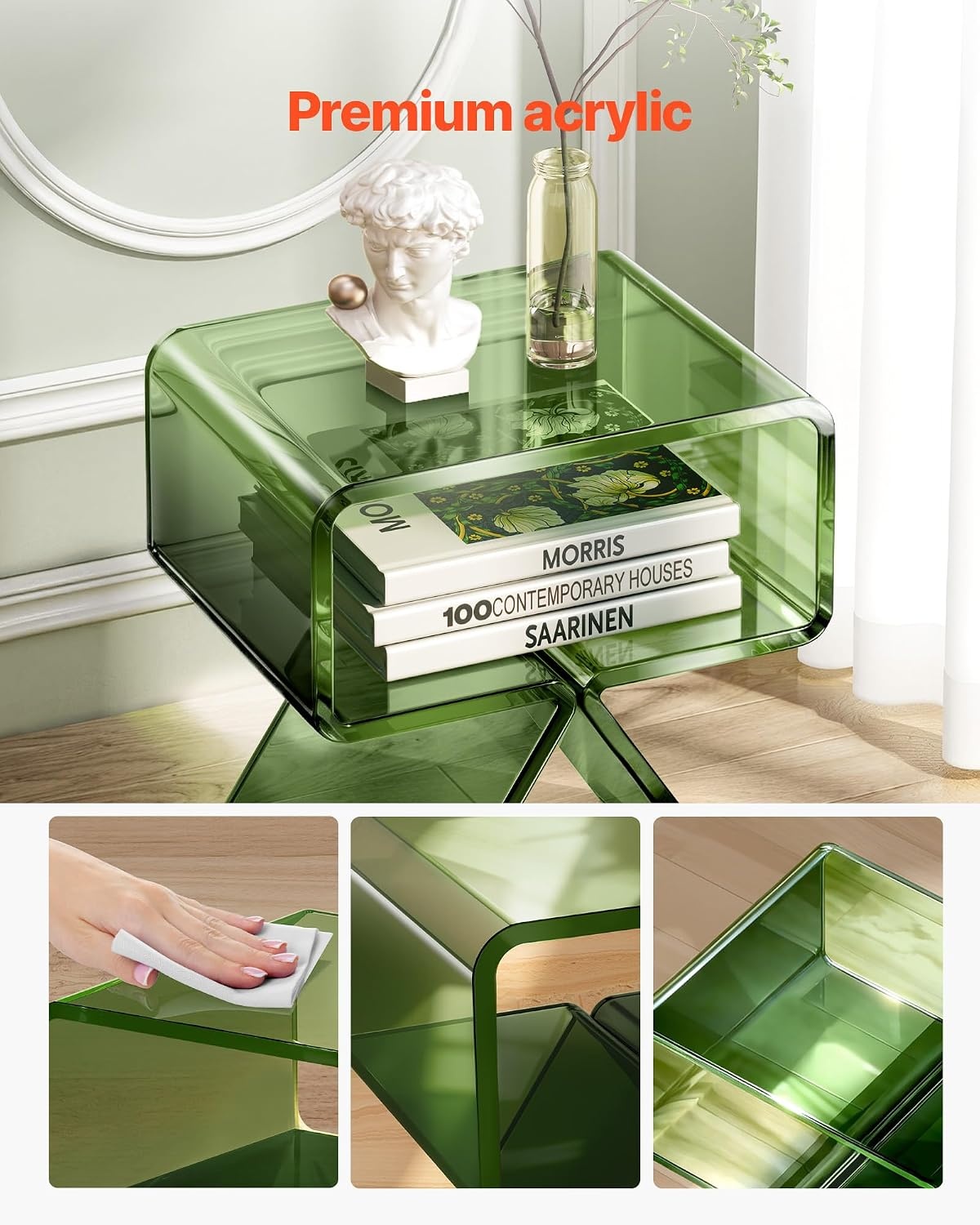 image:imageVEVOR Acrylic Bar Cart with 4 Lockable Wheels Clear Mobile Utility Rolling Cart Multifunction Serving Cart for Home Bar Kitchen Bathroom Living Room with Pulling Handle 2Tier ModernGreen