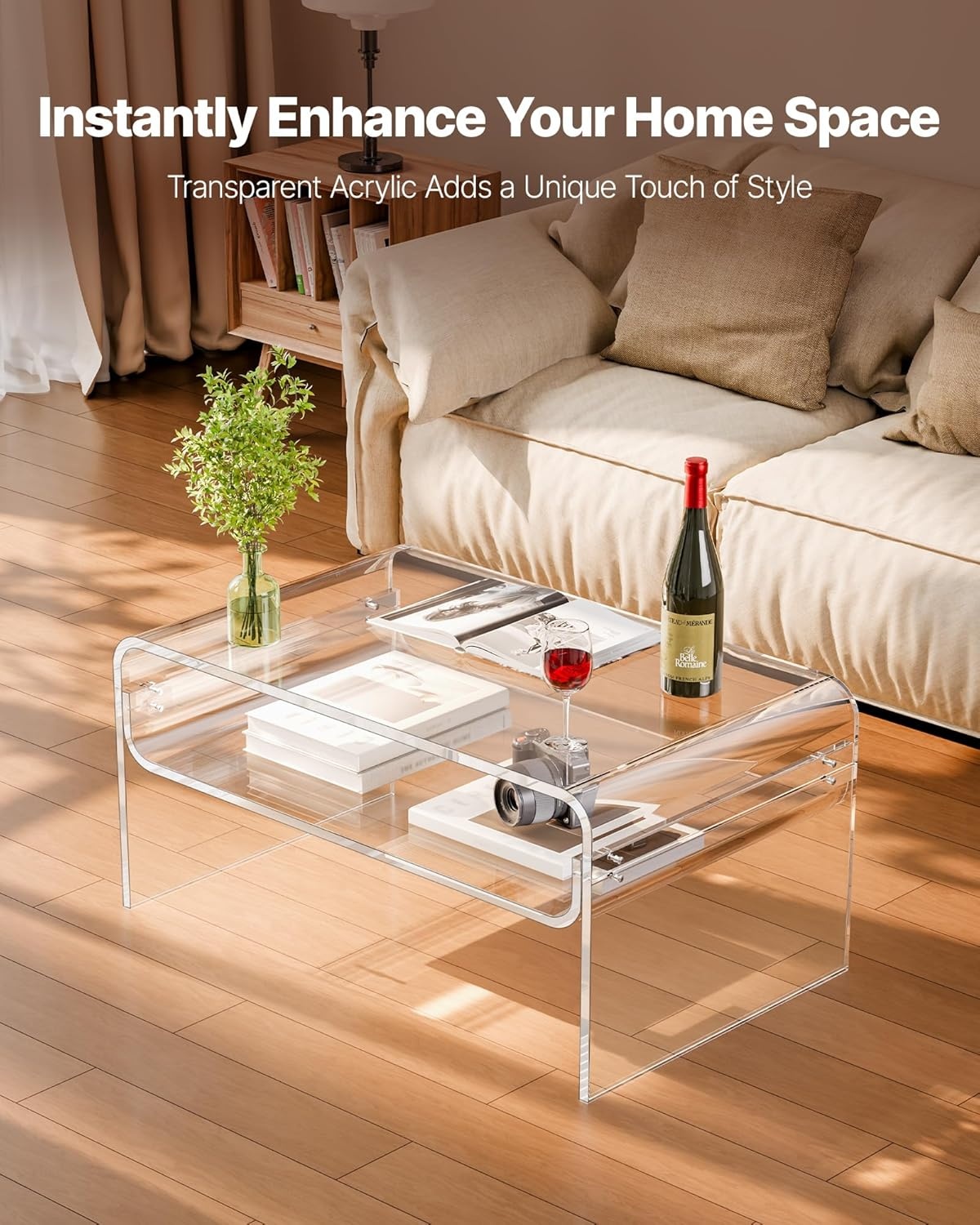 image:imageVEVOR Acrylic Coffee Table Modern Waterfall Center Table with Open Storage Shelf Clear Rectangle Lucite Desk for Living Room Office Reception 315 W x 197 D x 15 H Large