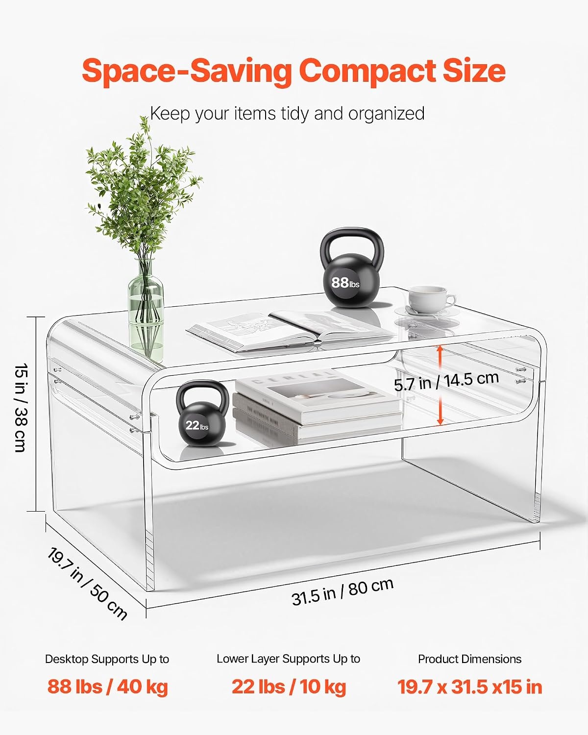 image:imageVEVOR Acrylic Coffee Table Modern Waterfall Center Table with Open Storage Shelf Clear Rectangle Lucite Desk for Living Room Office Reception 315 W x 197 D x 15 H Large