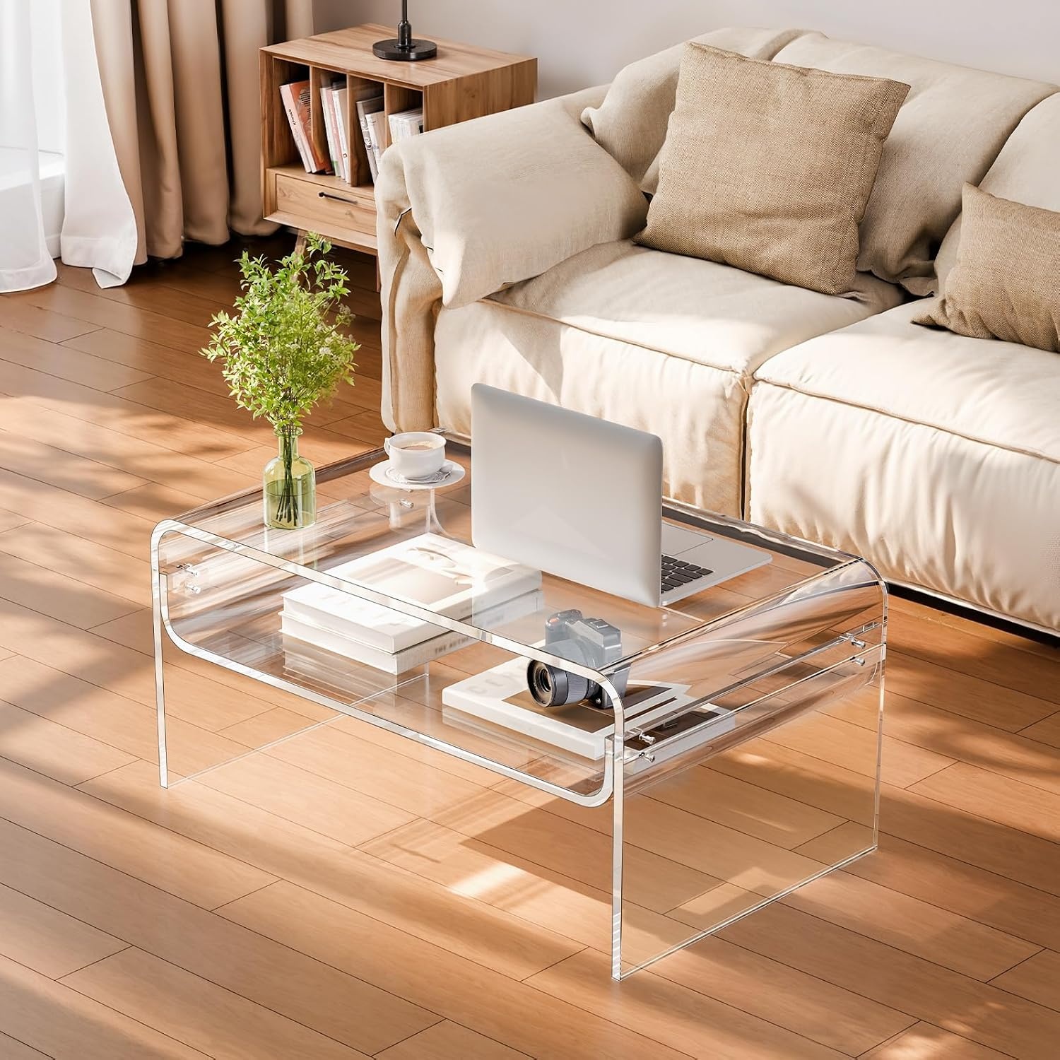 image:imageVEVOR Acrylic Coffee Table Modern Waterfall Center Table with Open Storage Shelf Clear Rectangle Lucite Desk for Living Room Office Reception 315 W x 197 D x 15 H Large