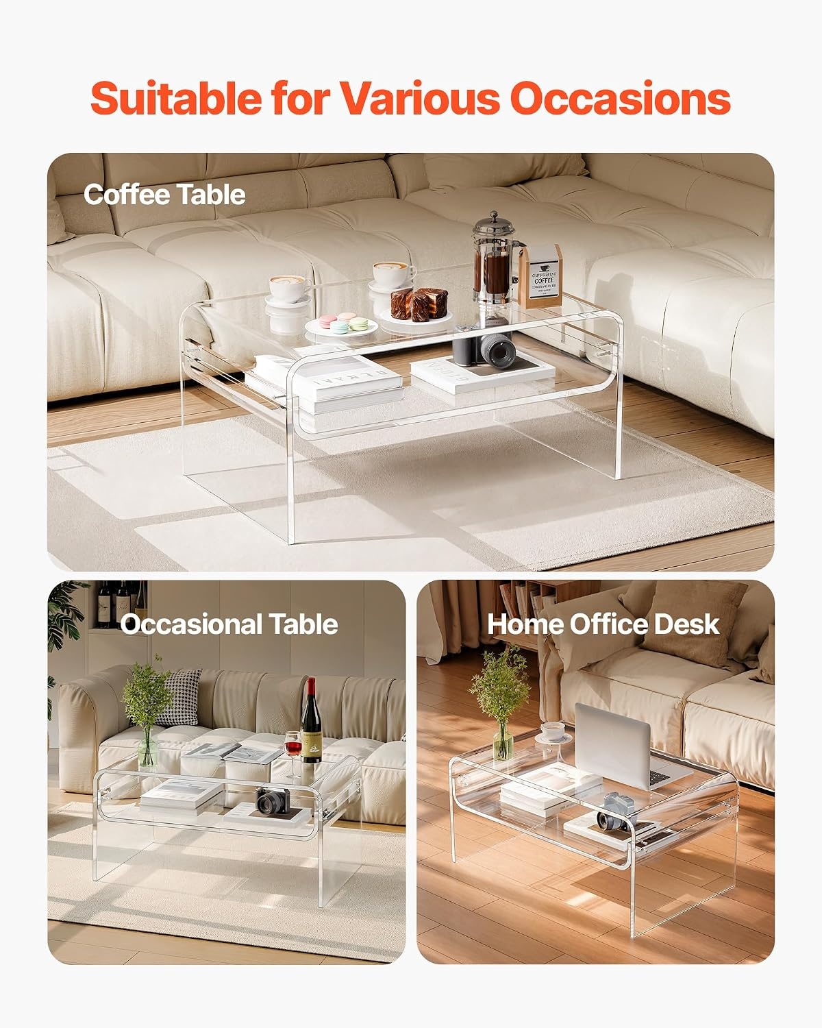 image:imageVEVOR Acrylic Coffee Table Modern Waterfall Center Table with Open Storage Shelf Clear Rectangle Lucite Desk for Living Room Office Reception 315 W x 197 D x 15 H Large