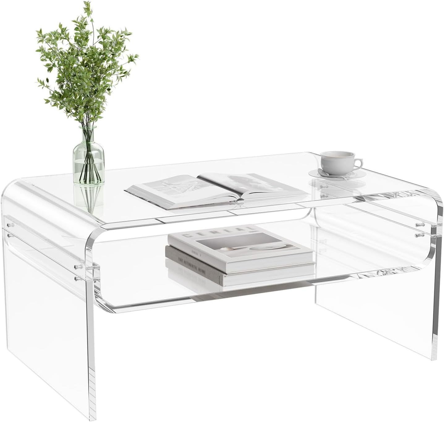 image:imageVEVOR Acrylic Coffee Table Modern Waterfall Center Table with Open Storage Shelf Clear Rectangle Lucite Desk for Living Room Office Reception 315 W x 197 D x 15 H Large