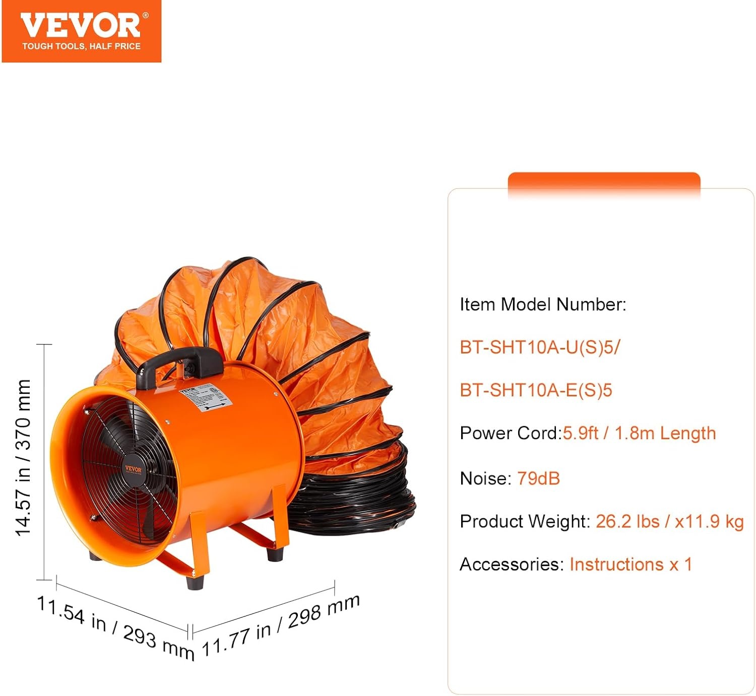 image:imageVEVOR Air Mover Blower Fan 10 Inch 1893CFM 380W with 33ft Flexible Duct Industrial Portable Ventilator BlowerExhaust10in16ft