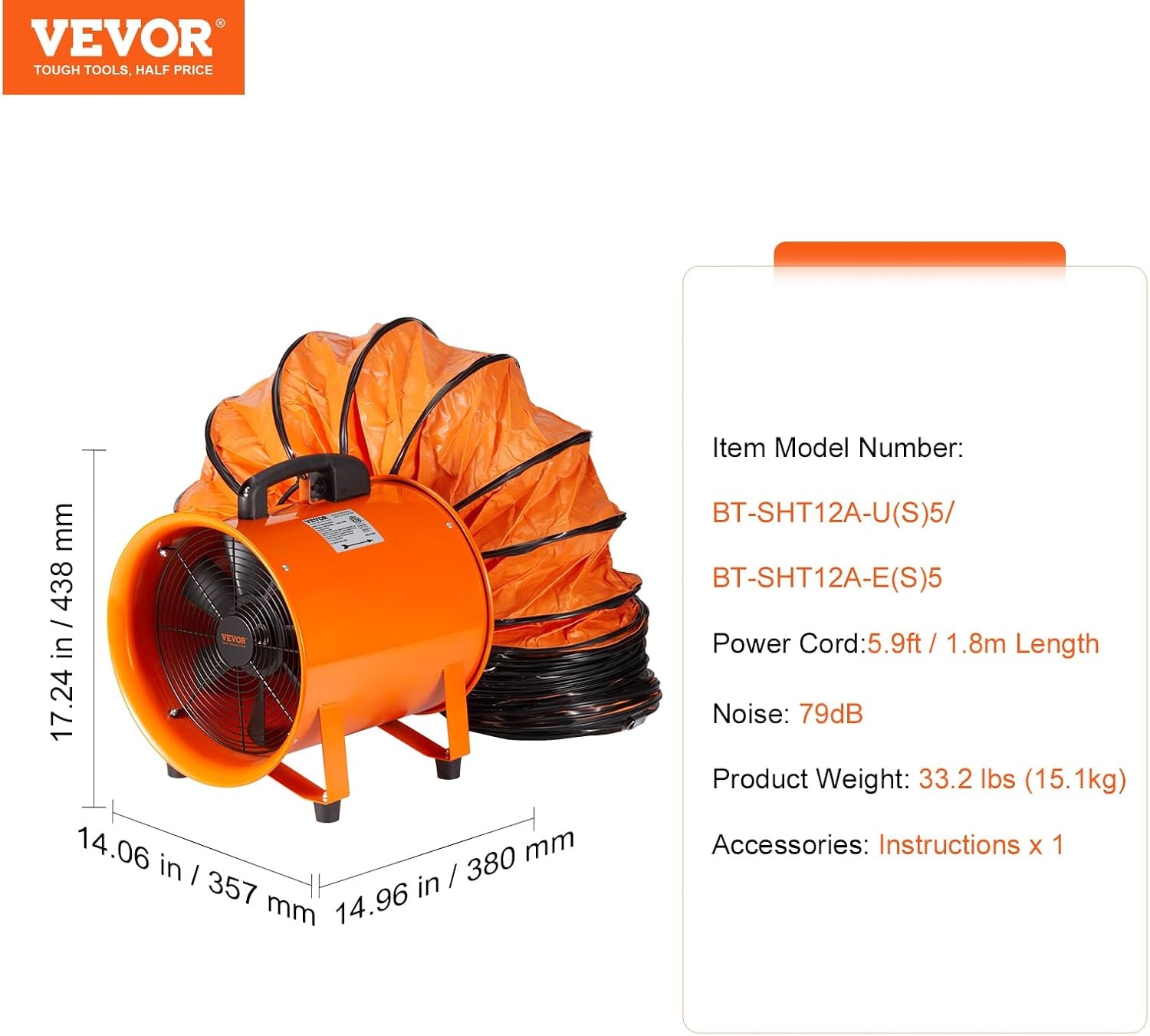 image:imageVEVOR Air Mover Blower Fan 10 Inch 1893CFM 380W with 33ft Flexible Duct Industrial Portable Ventilator BlowerExhaust12in16ft