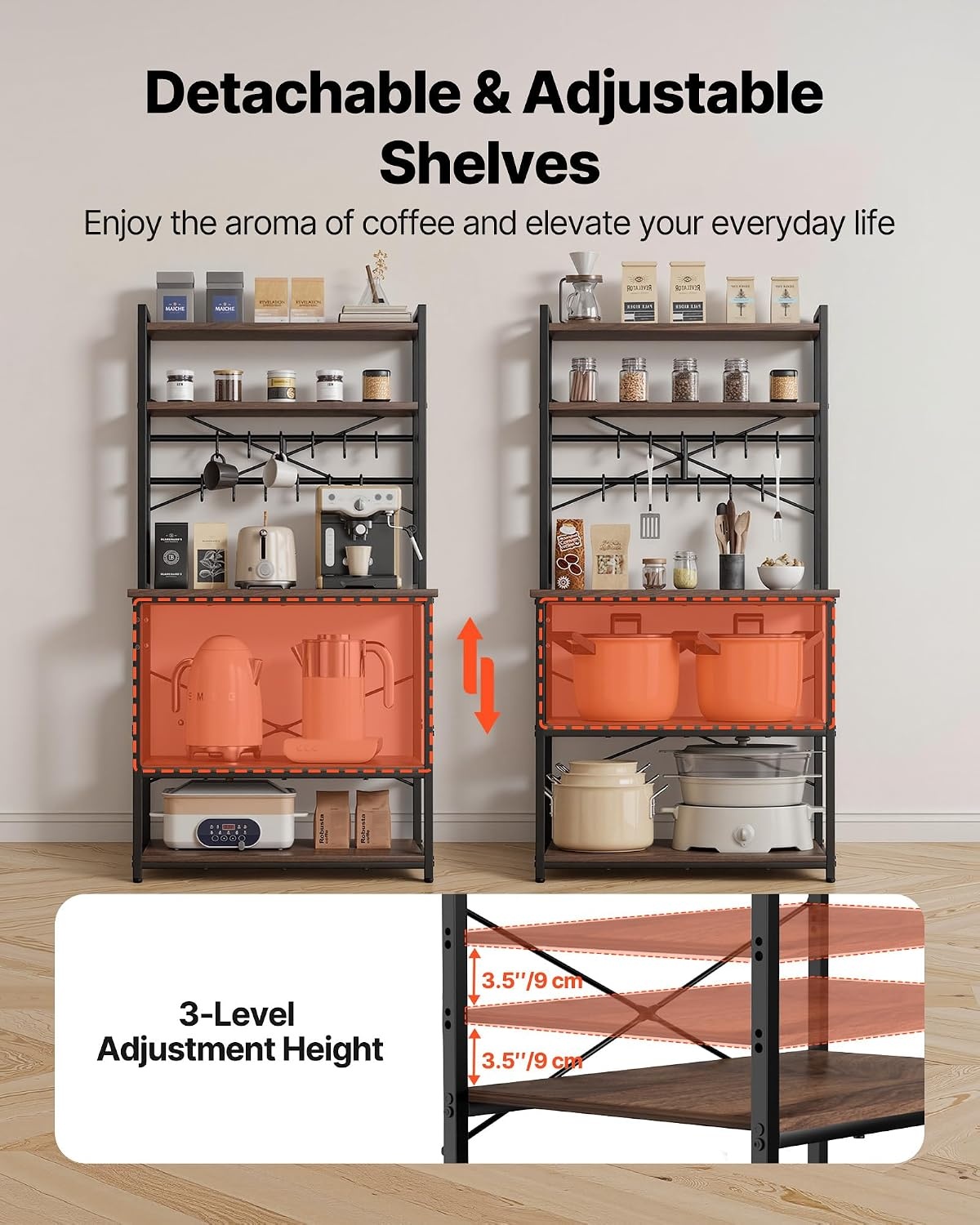 image:imageVEVOR Bakers Rack 354 inch Width Microwave StandKitchen Stand with XShaped Support Bar amp 5 SShaped HooksKitchen Storage Shelf for Dish Storage Spice Jars Coffee Bar Organization315 x 157 x 637